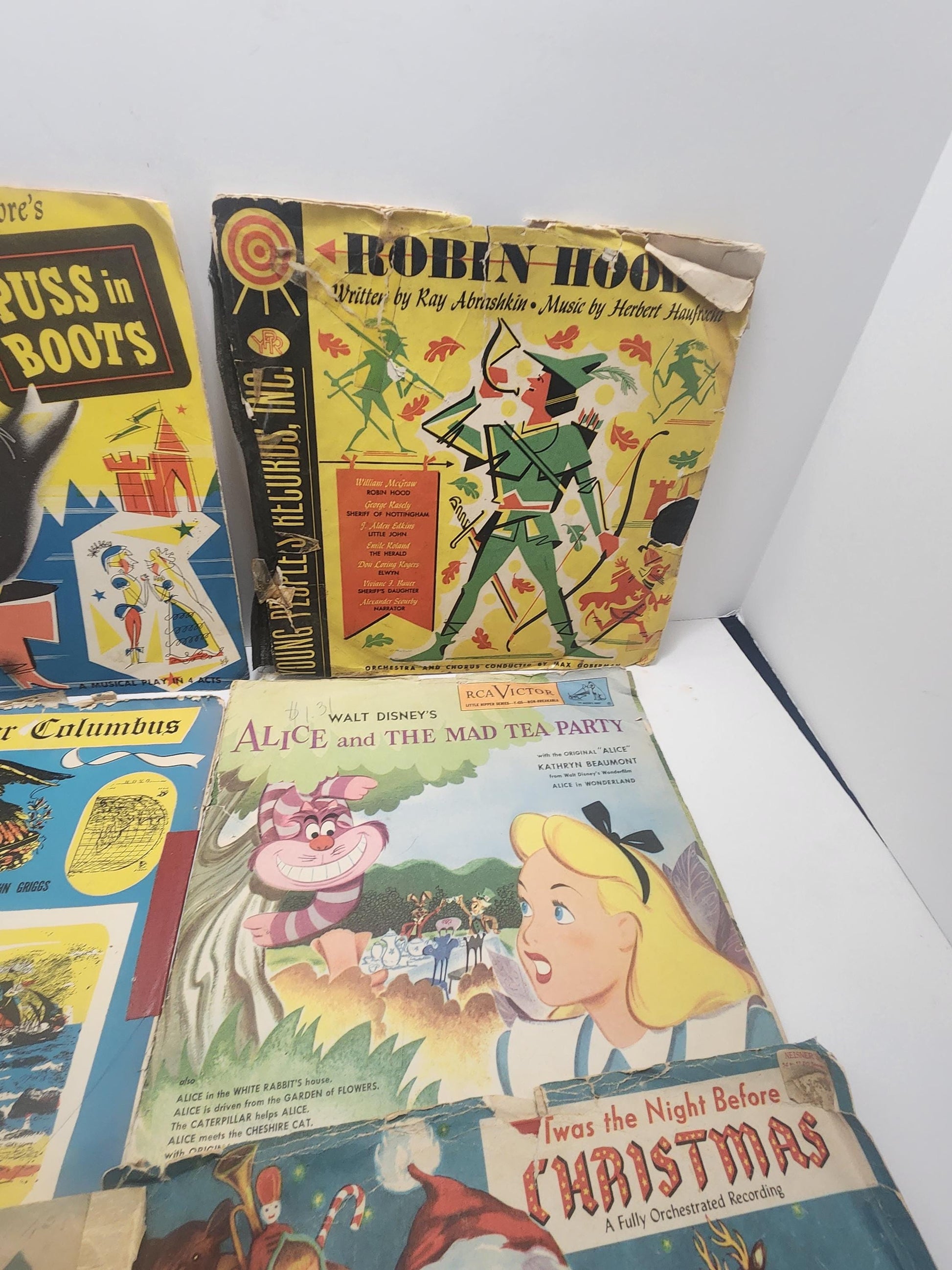 1950s LPs Vinyl Records Kids Stories - Robin Hood - Christmas - Puss In Boots - Alice In Wonderland - Christopher Columbus - Pied Piper