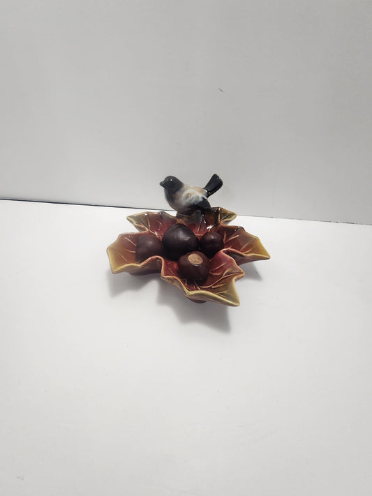 Cute Leaf Ceramic Dish with Bird & Buckeyes - Dish - Kitchen - Kitchen Decor - Birds - Fall - Leafs - Decor - Birds