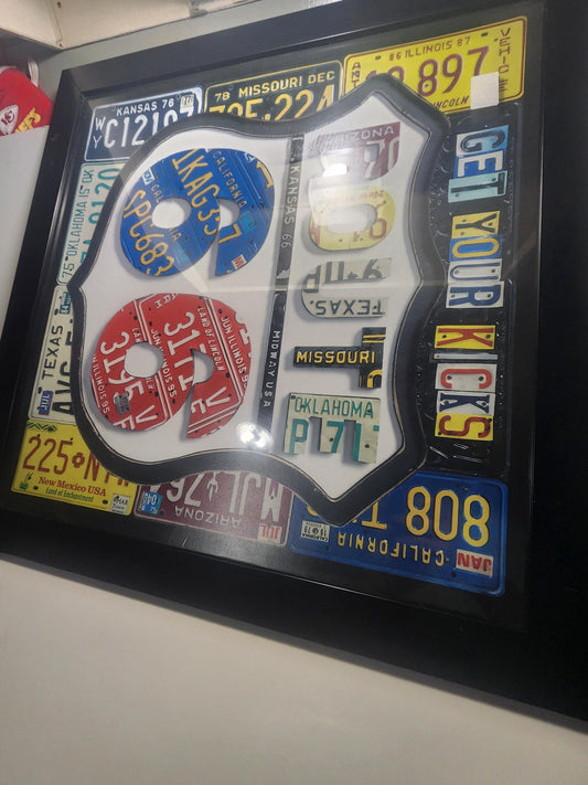Aaron Foster World Market Route 66 Framed License Plates Art Decor - Pictures - Picture Framed - Garage - Man Cave - Route 66 - License Plat