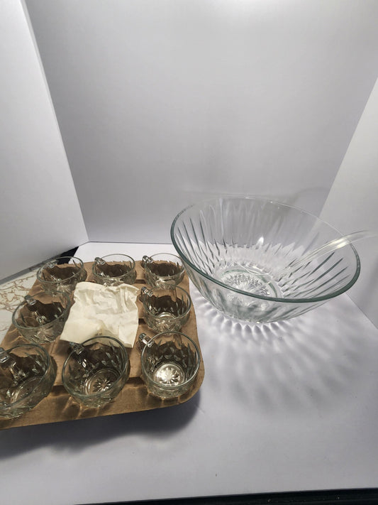 Anchor Hocking Crown Point Complete 12 Piece Set Punch Bowl Laddle Cups - Anchor Hocking - Crowne Point - Punch Bowls - Glass Set - Kicthen
