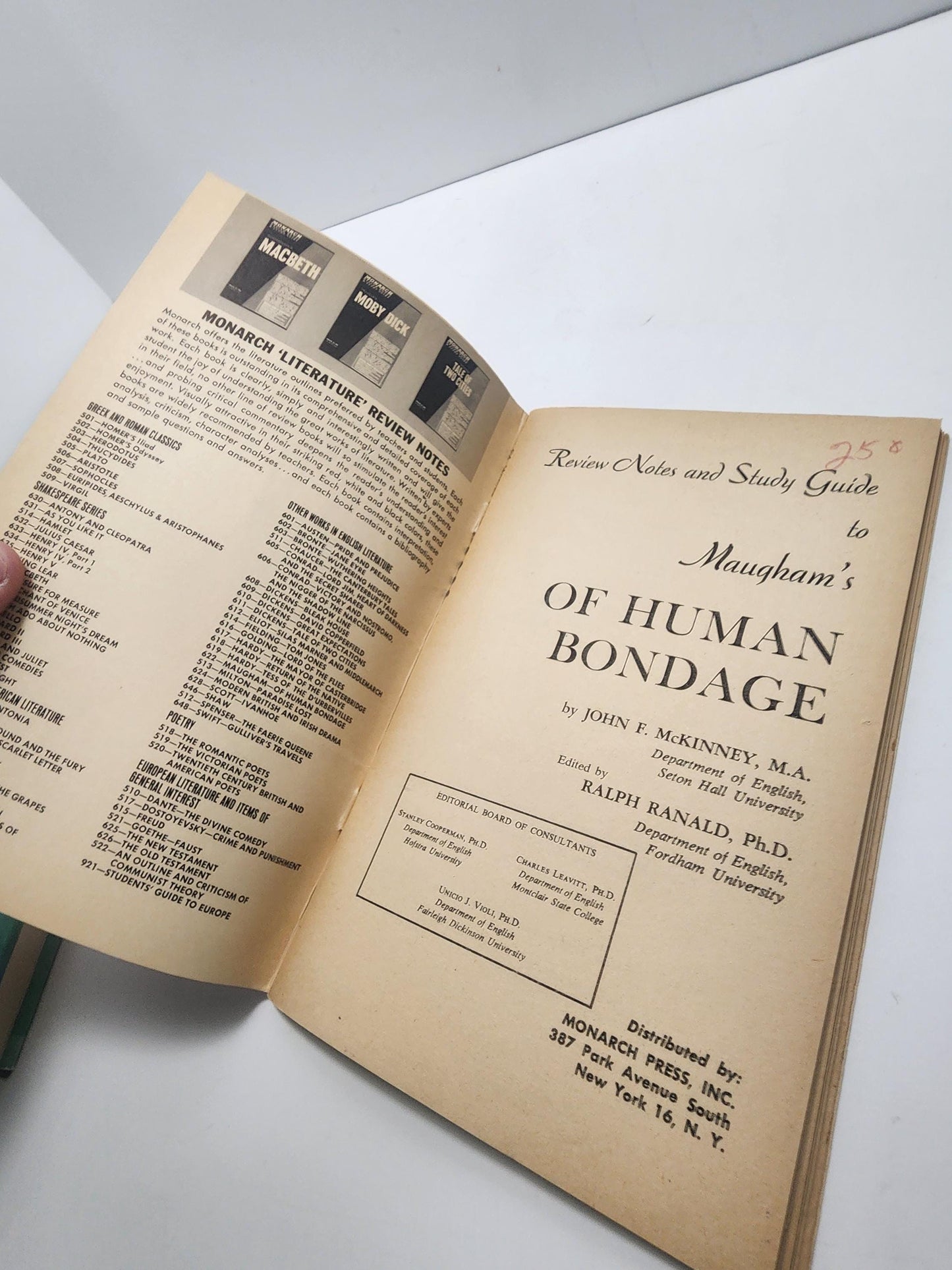 Monarch Review Notes & Study Guide for W. Somerset Maugham's novel, Of Human Bondage - Bondage - Books - Monarch Review - Somerset Maugham