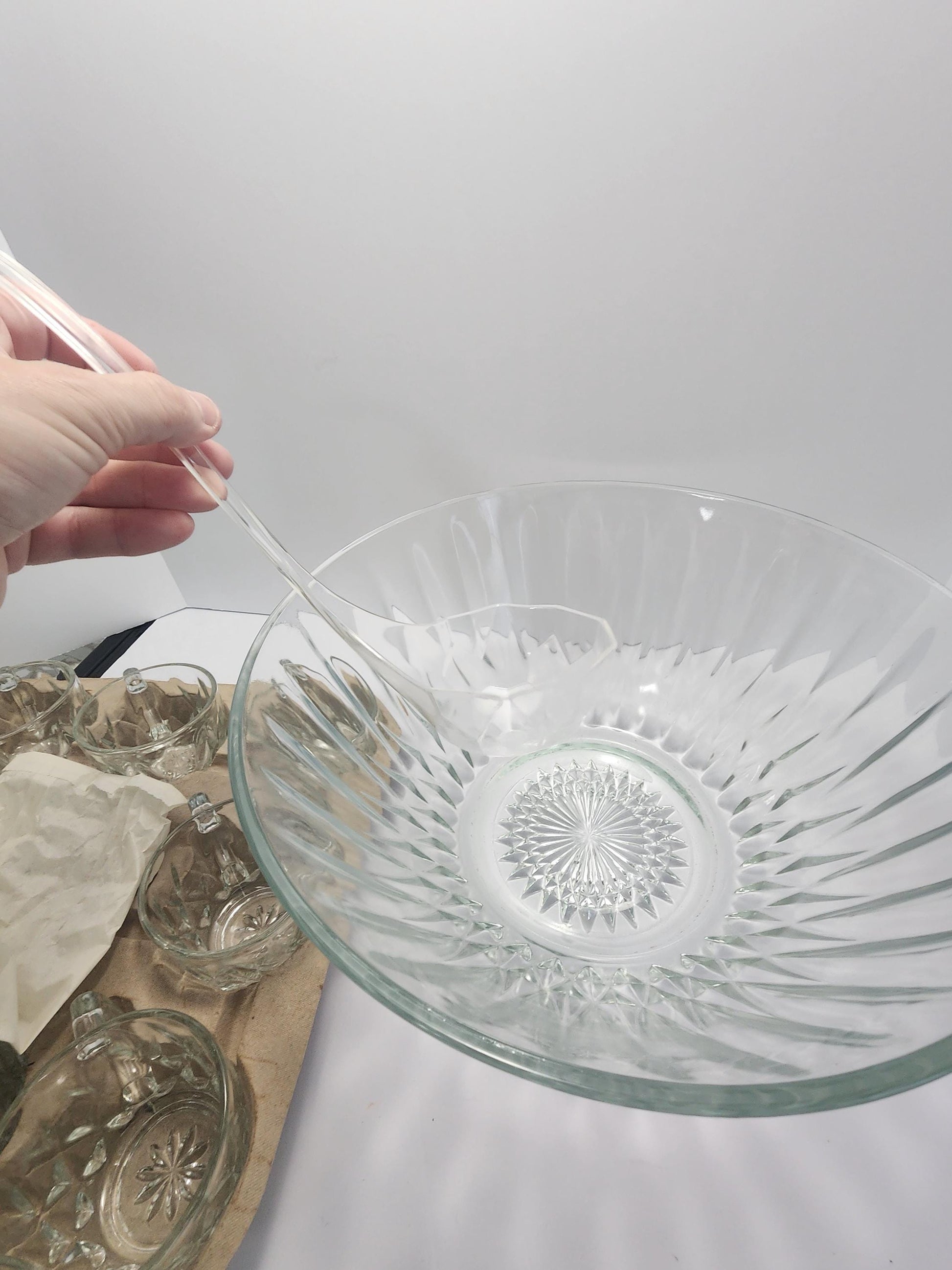 Anchor Hocking Crown Point Complete 12 Piece Set Punch Bowl Laddle Cups - Anchor Hocking - Crowne Point - Punch Bowls - Glass Set - Kicthen