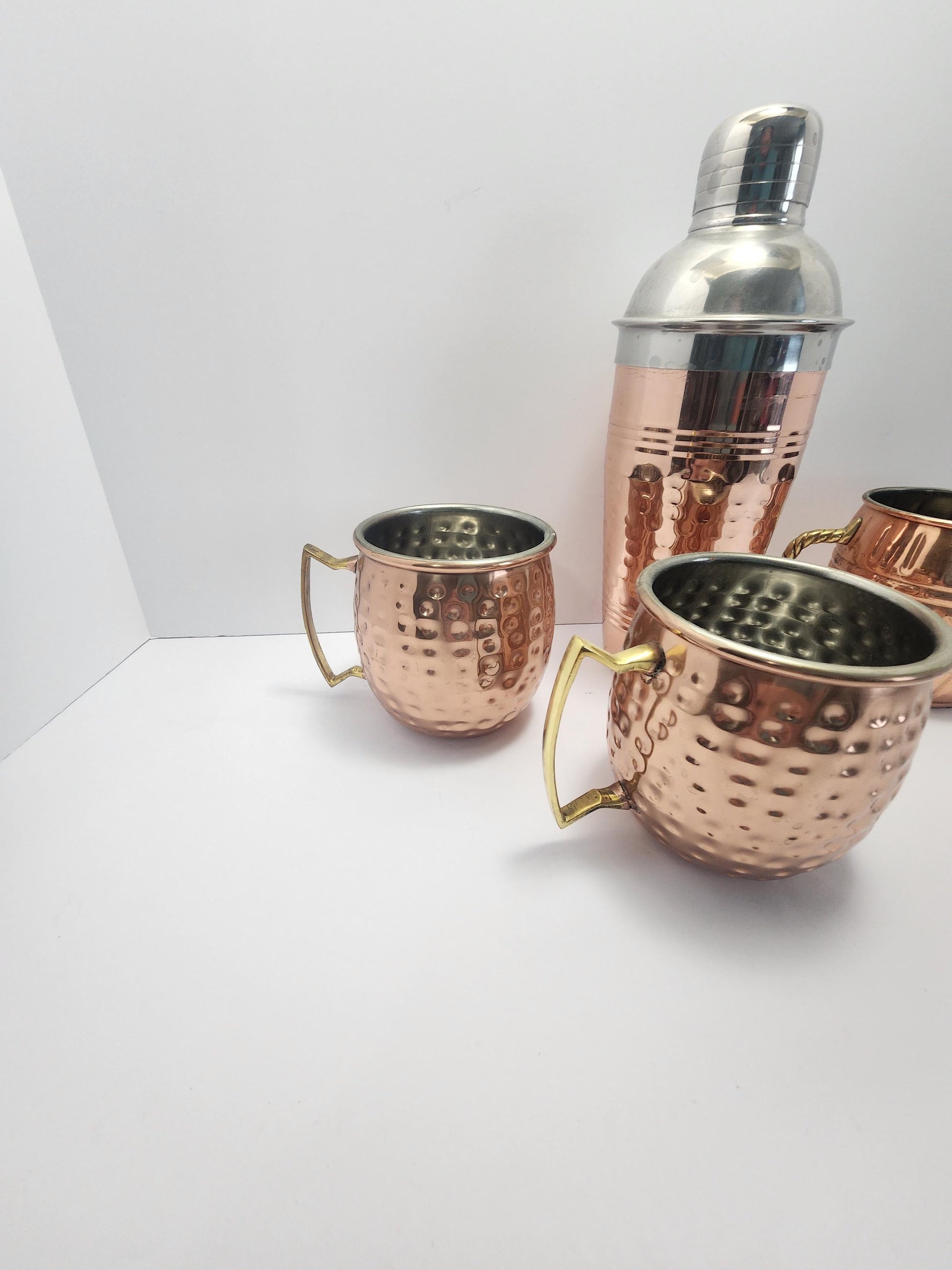 Vintage Copper Set Of 4 With Shaker & 3 Mugs - Drinkware - Barware - Moscow Mules - Mugs - Shakers - Drink Shakers - Bartenders - Drinks