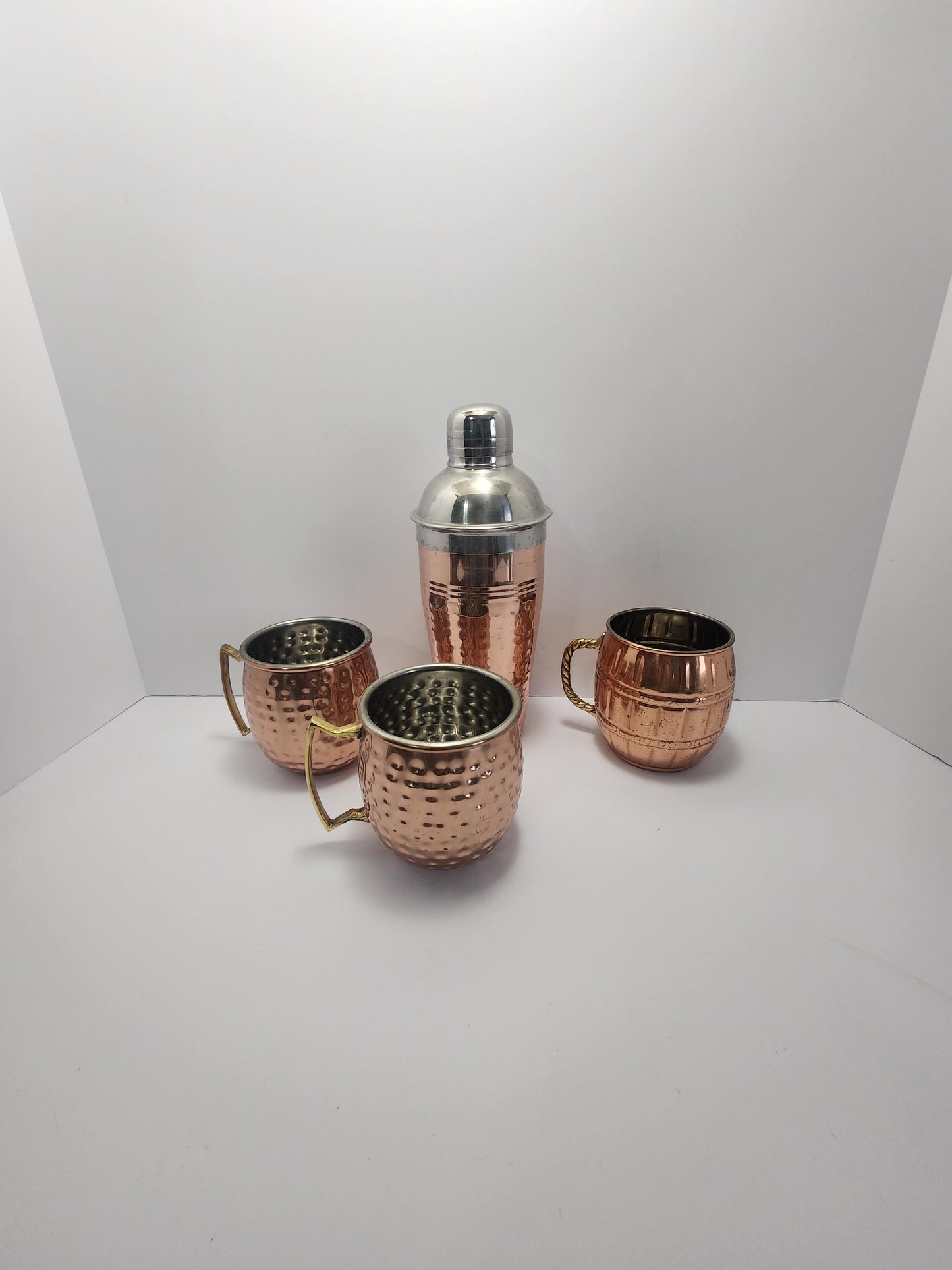 Vintage Copper Set Of 4 With Shaker & 3 Mugs - Drinkware - Barware - Moscow Mules - Mugs - Shakers - Drink Shakers - Bartenders - Drinks