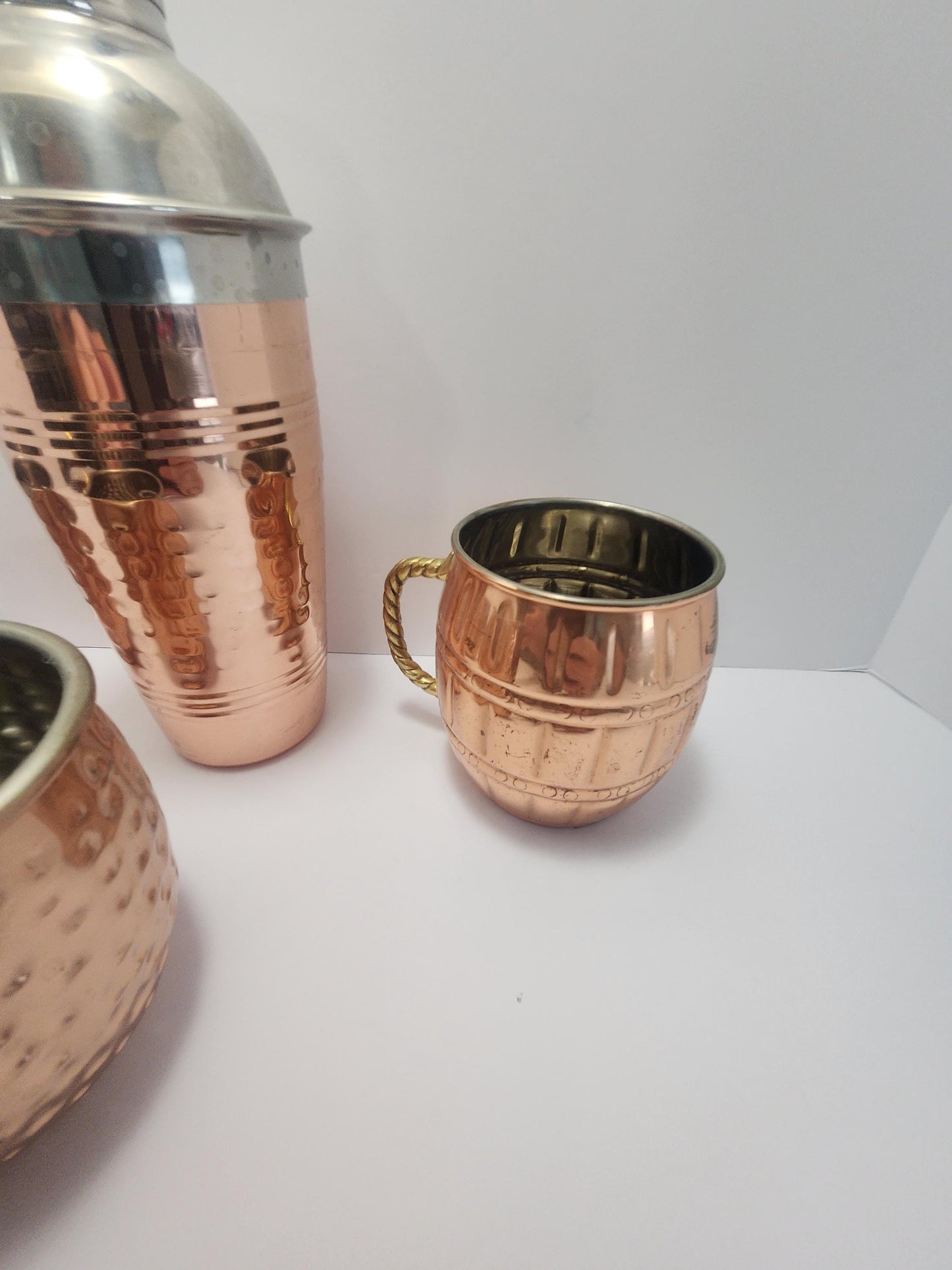 Vintage Copper Set Of 4 With Shaker & 3 Mugs - Drinkware - Barware - Moscow Mules - Mugs - Shakers - Drink Shakers - Bartenders - Drinks