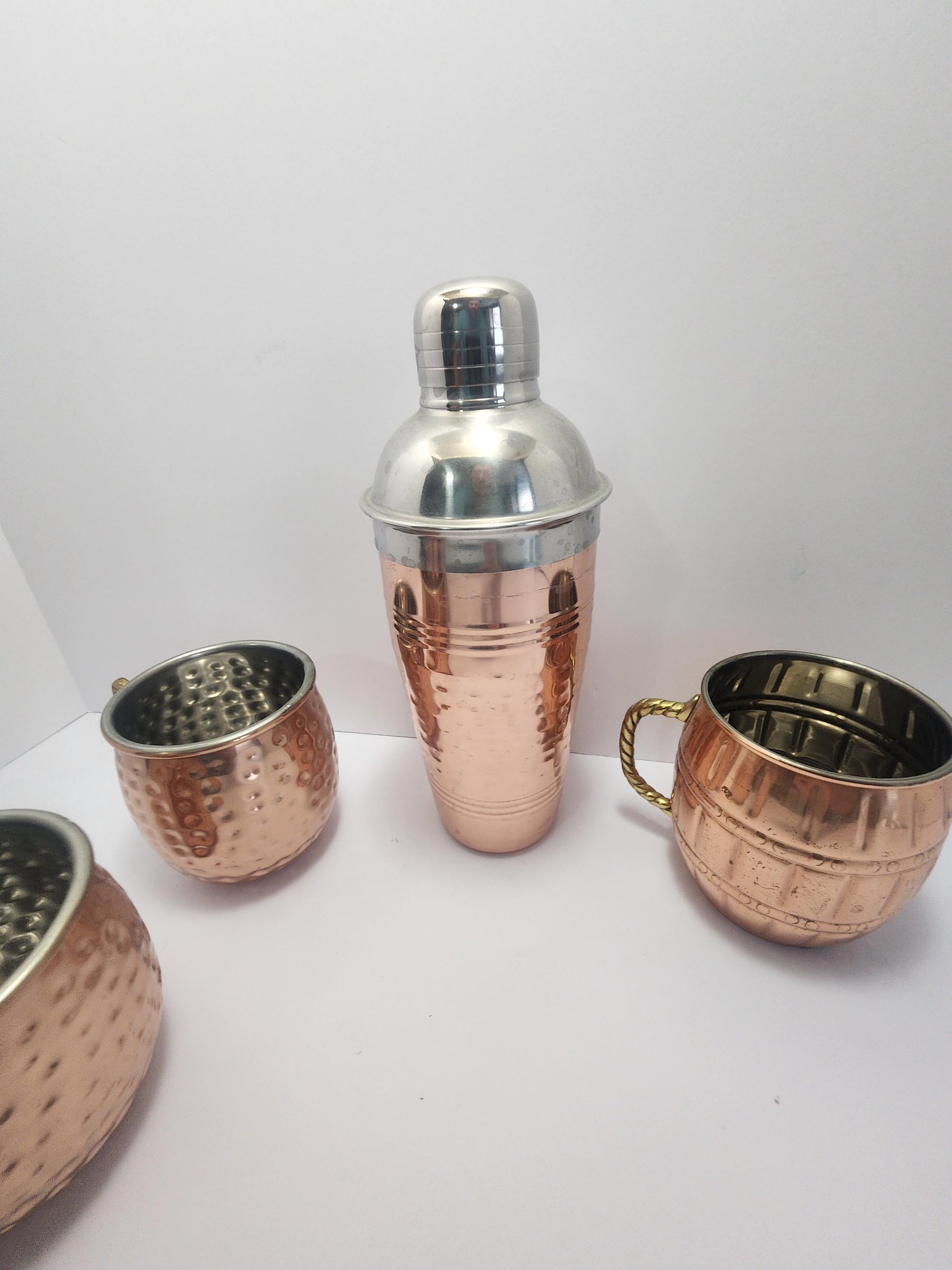 Vintage Copper Set Of 4 With Shaker & 3 Mugs - Drinkware - Barware - Moscow Mules - Mugs - Shakers - Drink Shakers - Bartenders - Drinks