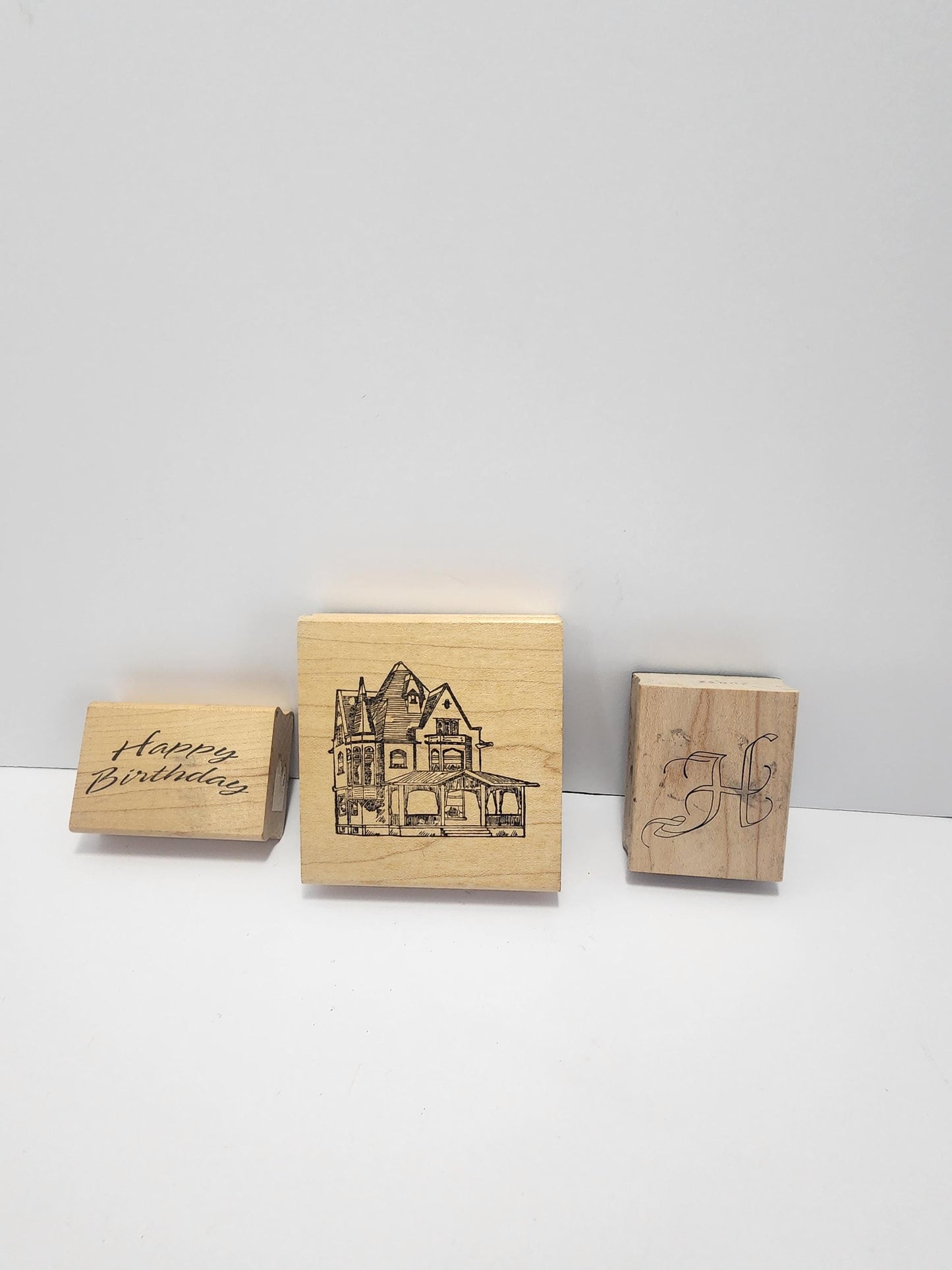 Vintage Wooden Stampers LOT Of 3 - Victorian - Stamps - Stampers - Happy Birthday - H - The Letter H - Wooden Stamps