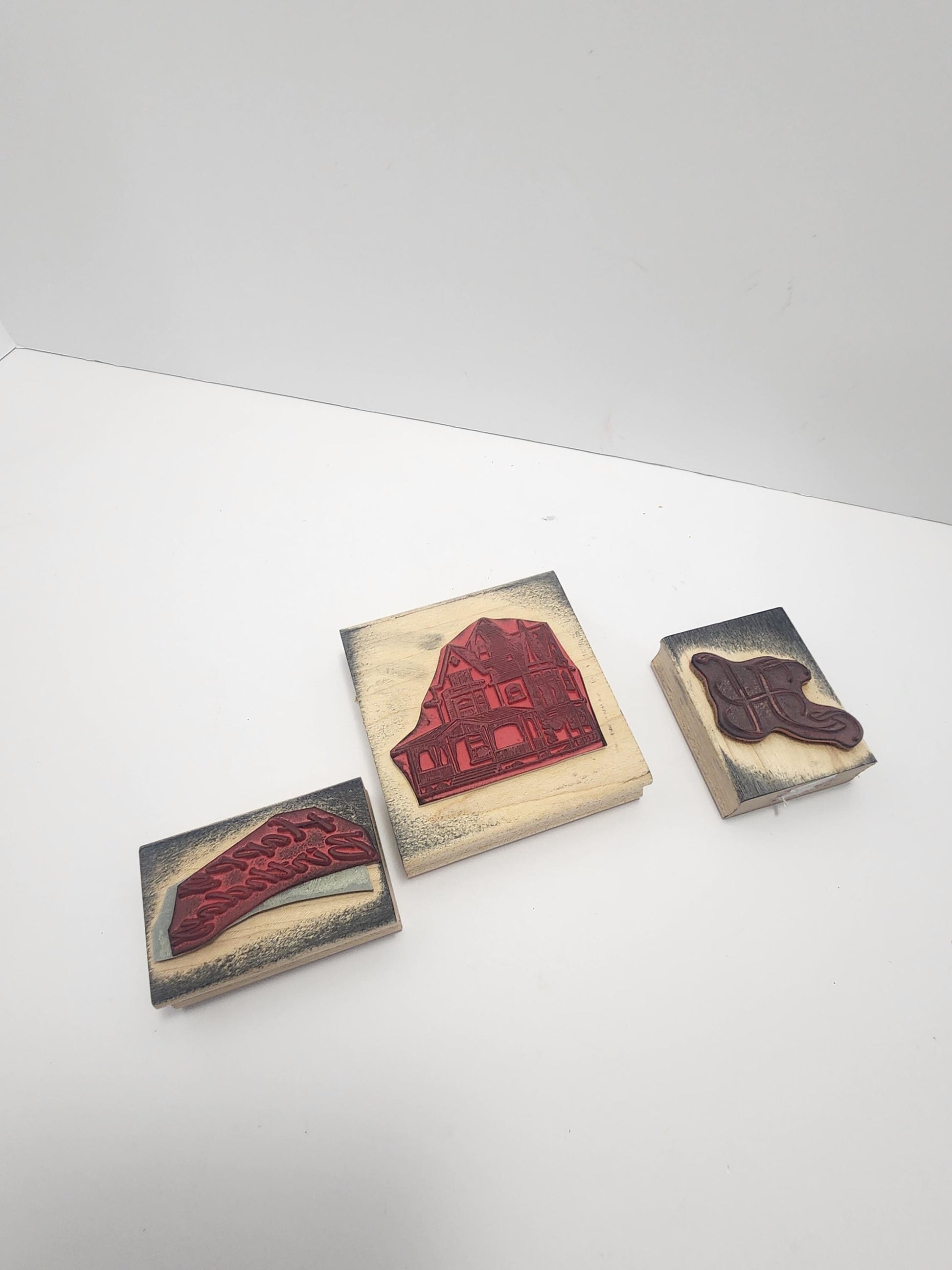 Vintage Wooden Stampers LOT Of 3 - Victorian - Stamps - Stampers - Happy Birthday - H - The Letter H - Wooden Stamps