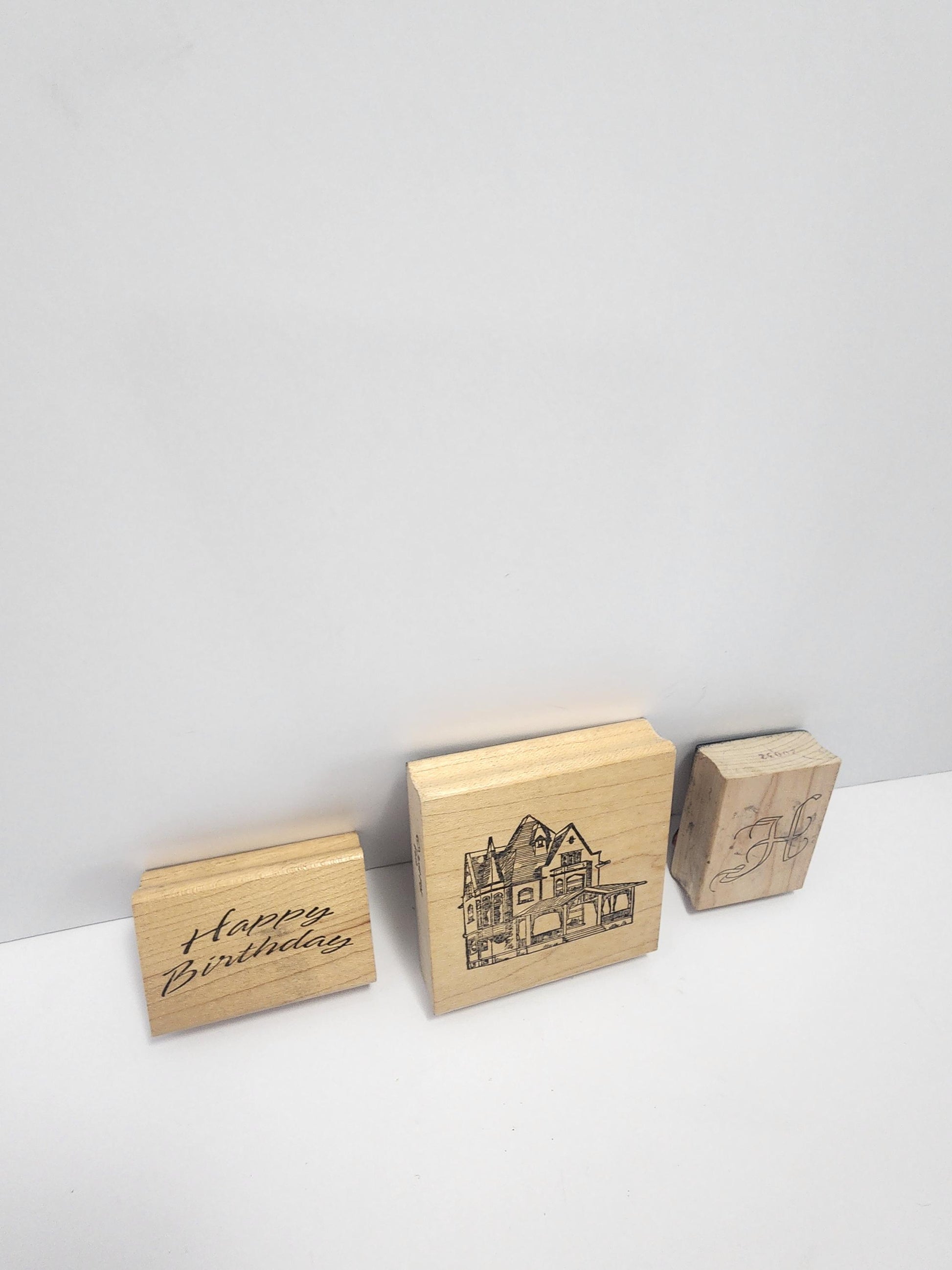 Vintage Wooden Stampers LOT Of 3 - Victorian - Stamps - Stampers - Happy Birthday - H - The Letter H - Wooden Stamps