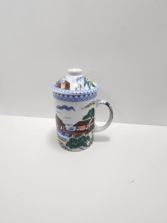 Porcelain Chinese Vintage Tea Mug With Lid - Mugs - Coffee - Tea - Chinese - Chinese Mug - Porcelain Mug