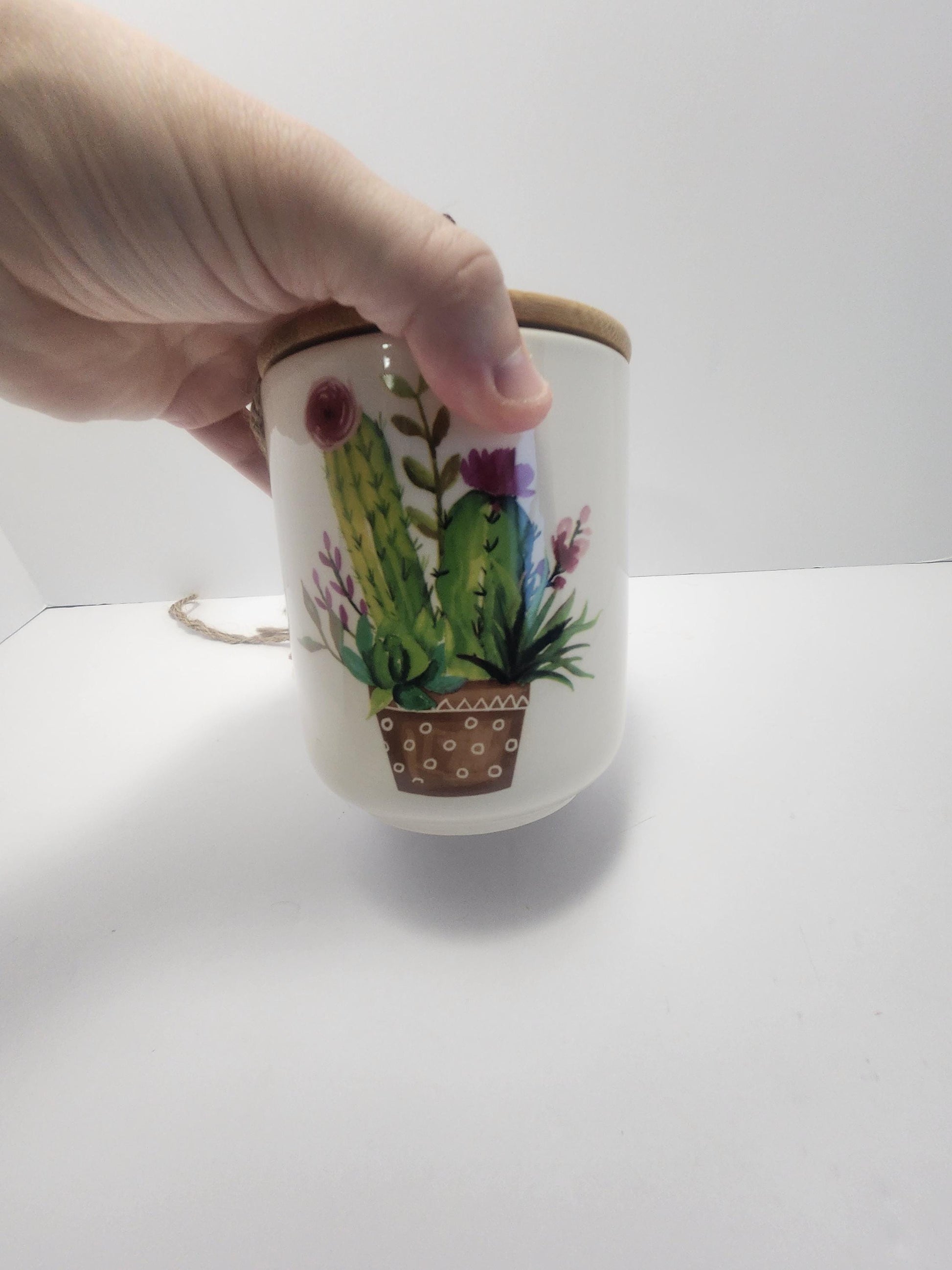 Hanging Ceramic Cactus Painted Cannister Or Planter - Hanging Decor - Decor - Ceramic Jar - Cannister - Cactus - Cactus Defor - Planters