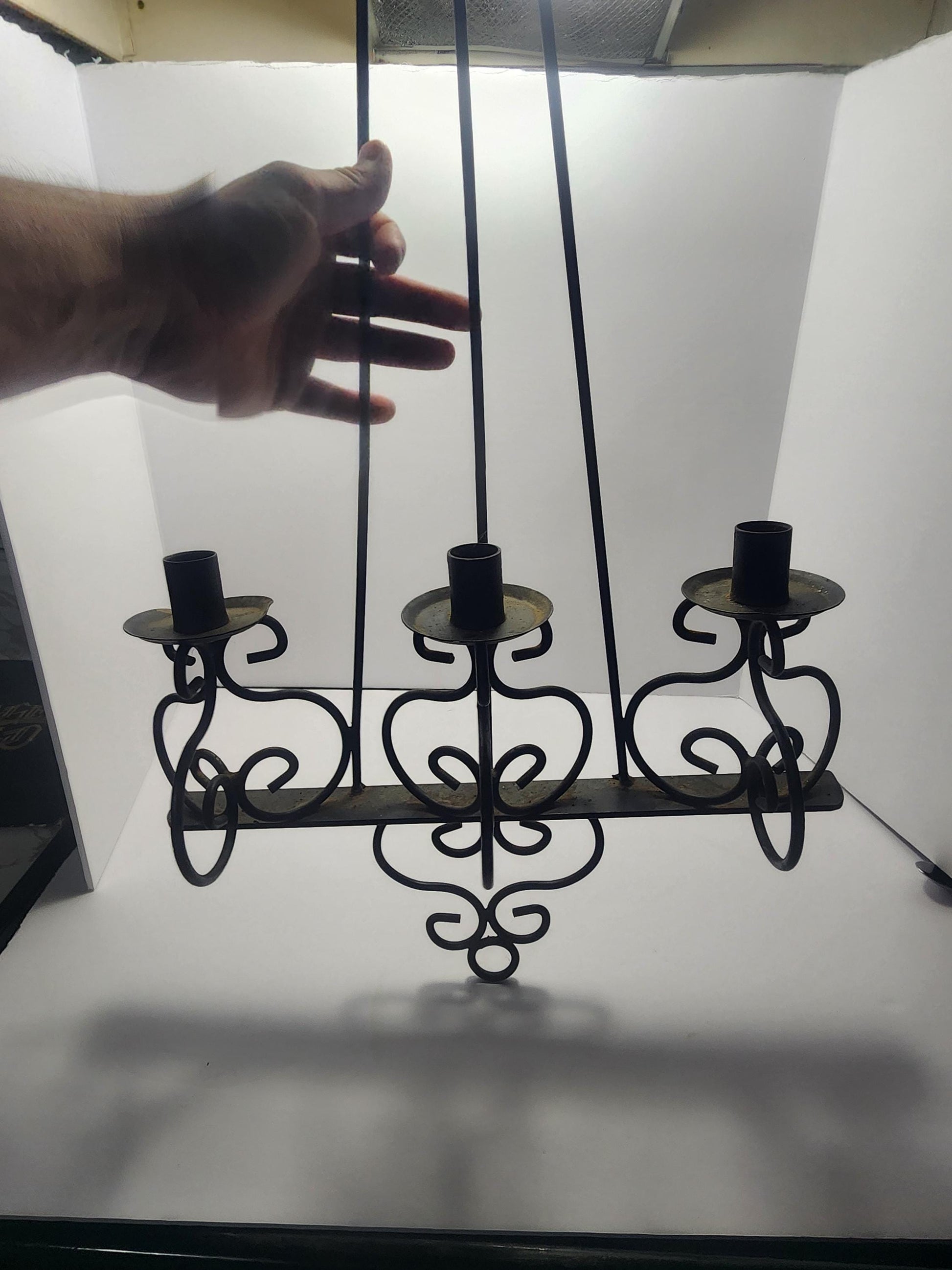 Mid Century Black Iron Triple Hanging Candle Holder - Candles - Candle Holders - Black Iron - Mid Century - Decor - Antiques