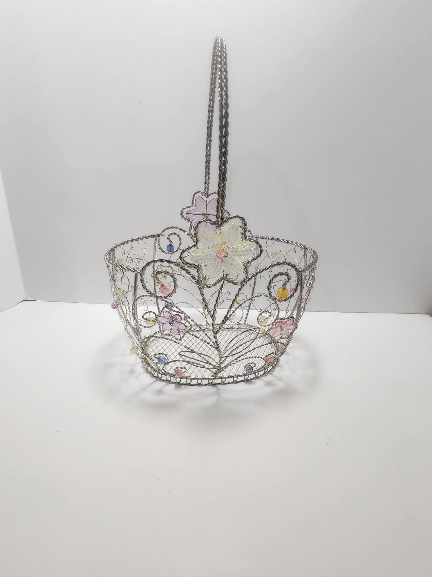 Vintage Beaded Silver Wire Easter Basket With Flowers And Butterflies - Baskets - Wire Basket - Easter - Silver Basket - Butterflies