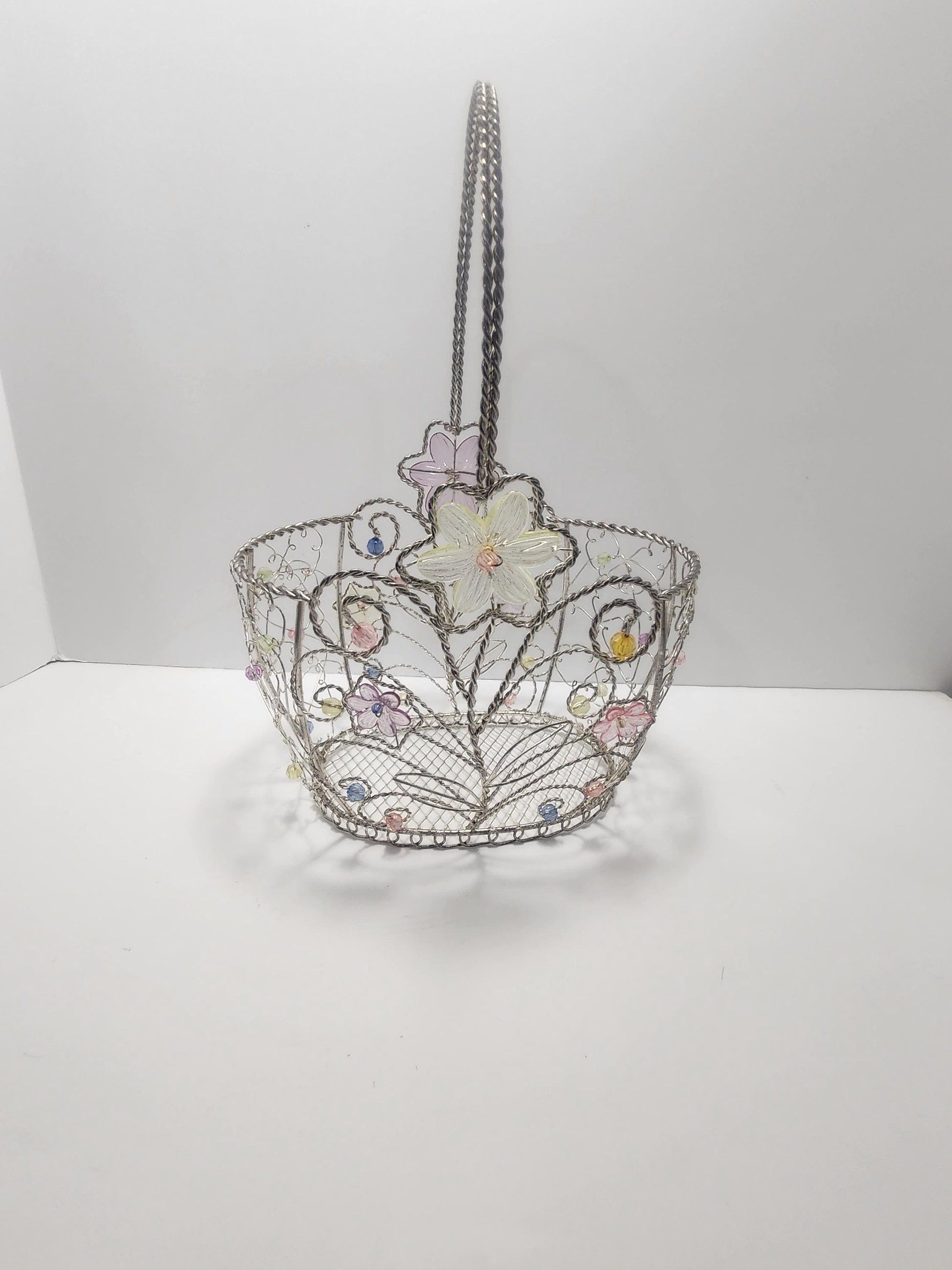 Vintage Beaded Silver Wire Easter Basket With Flowers And Butterflies - Baskets - Wire Basket - Easter - Silver Basket - Butterflies