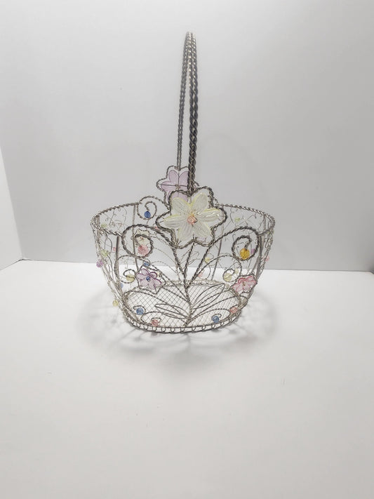 Vintage Beaded Silver Wire Easter Basket With Flowers And Butterflies - Baskets - Wire Basket - Easter - Silver Basket - Butterflies