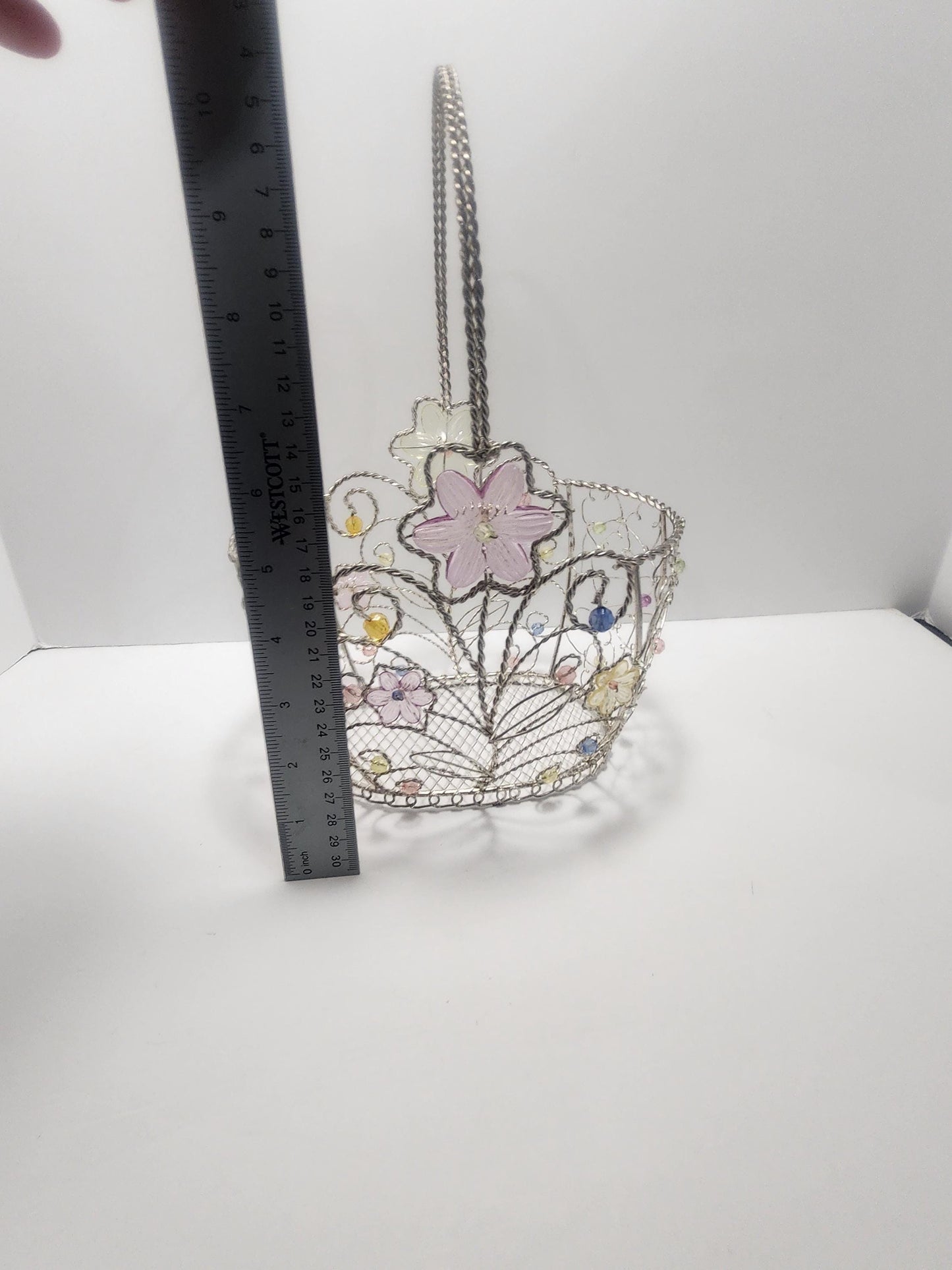 Vintage Beaded Silver Wire Easter Basket With Flowers And Butterflies - Baskets - Wire Basket - Easter - Silver Basket - Butterflies