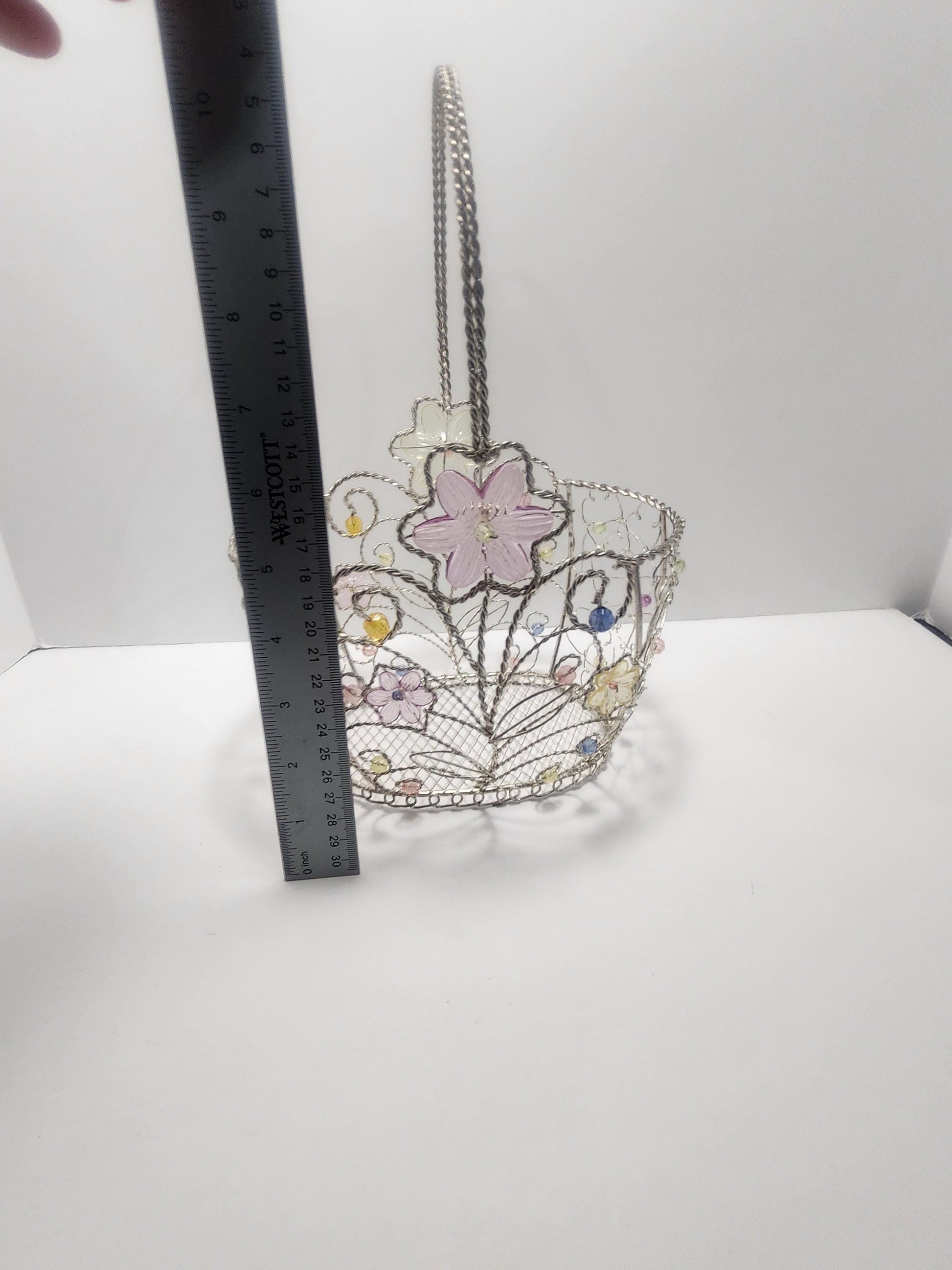 Vintage Beaded Silver Wire Easter Basket With Flowers And Butterflies - Baskets - Wire Basket - Easter - Silver Basket - Butterflies