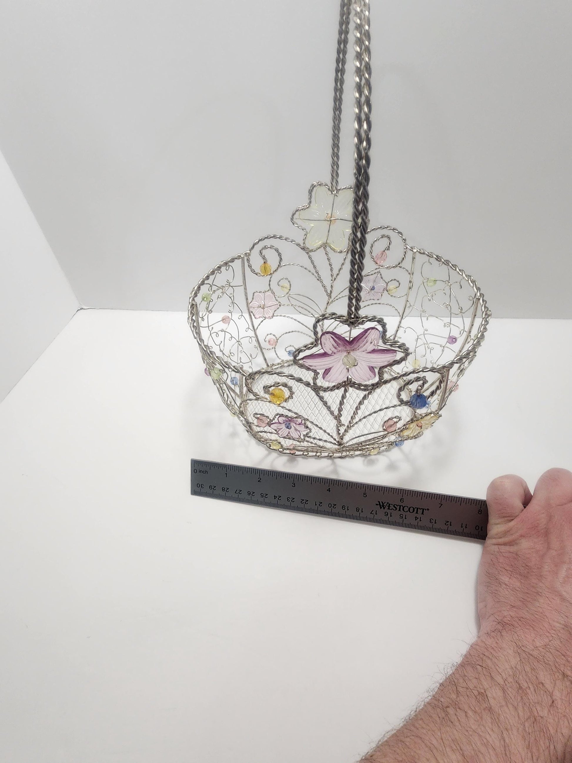 Vintage Beaded Silver Wire Easter Basket With Flowers And Butterflies - Baskets - Wire Basket - Easter - Silver Basket - Butterflies