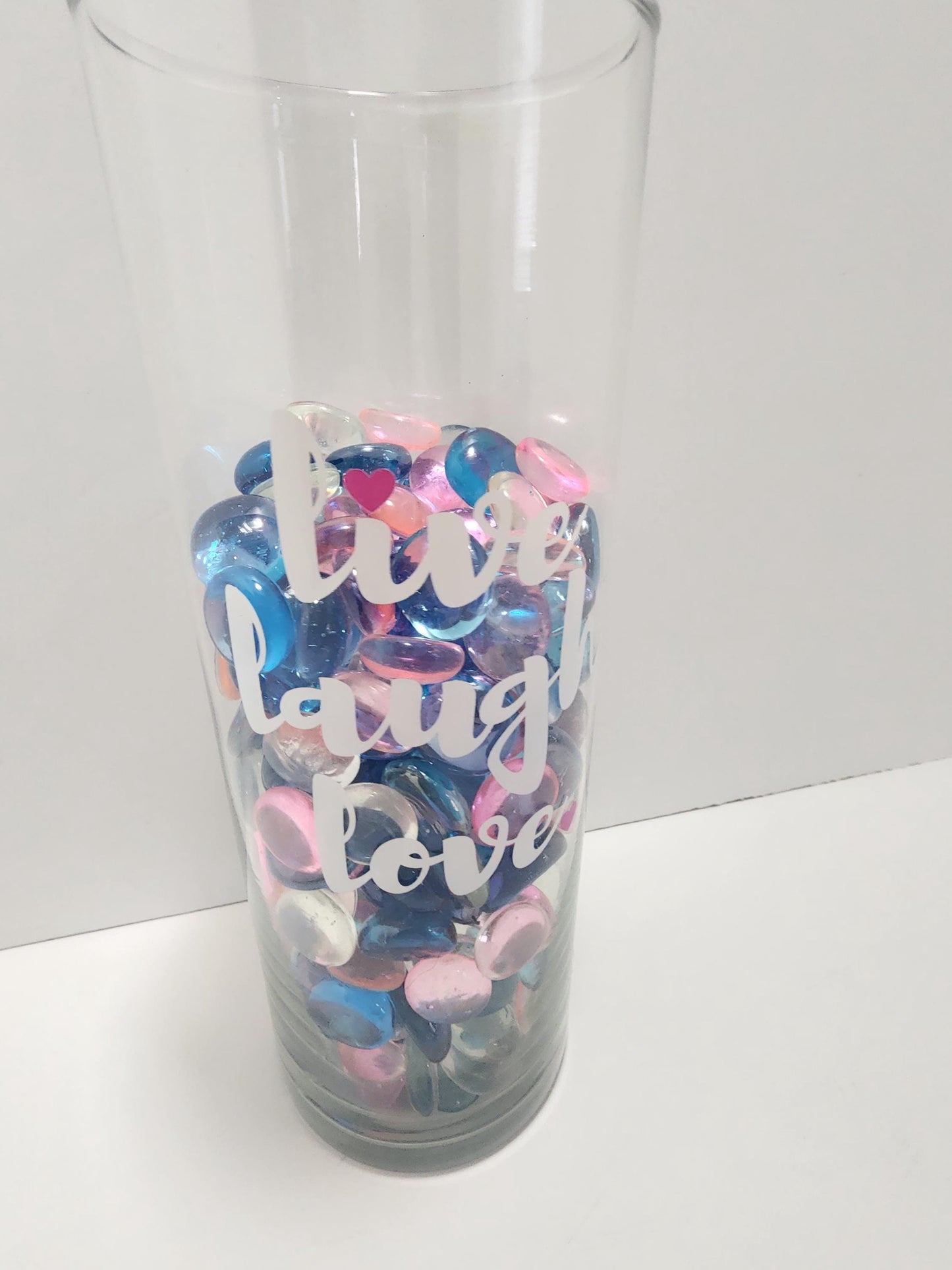 Live Laugh Love Tall Glass Vase With Colored Rocks - Colored Rocks - Aquarium Rocks - Rocks - Live Laugh Love - Vase - Glass - Decor