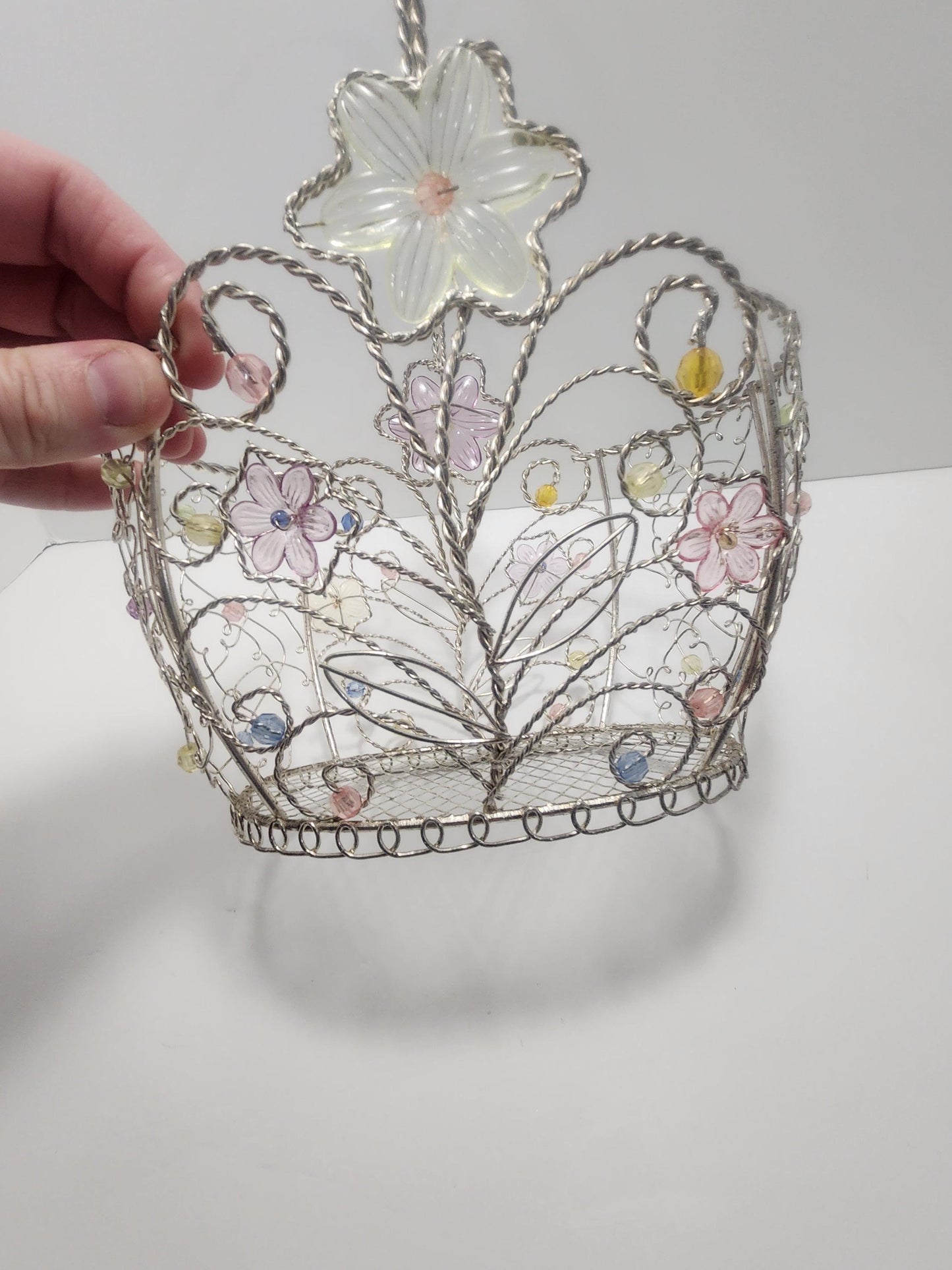 Vintage Beaded Silver Wire Easter Basket With Flowers And Butterflies - Baskets - Wire Basket - Easter - Silver Basket - Butterflies