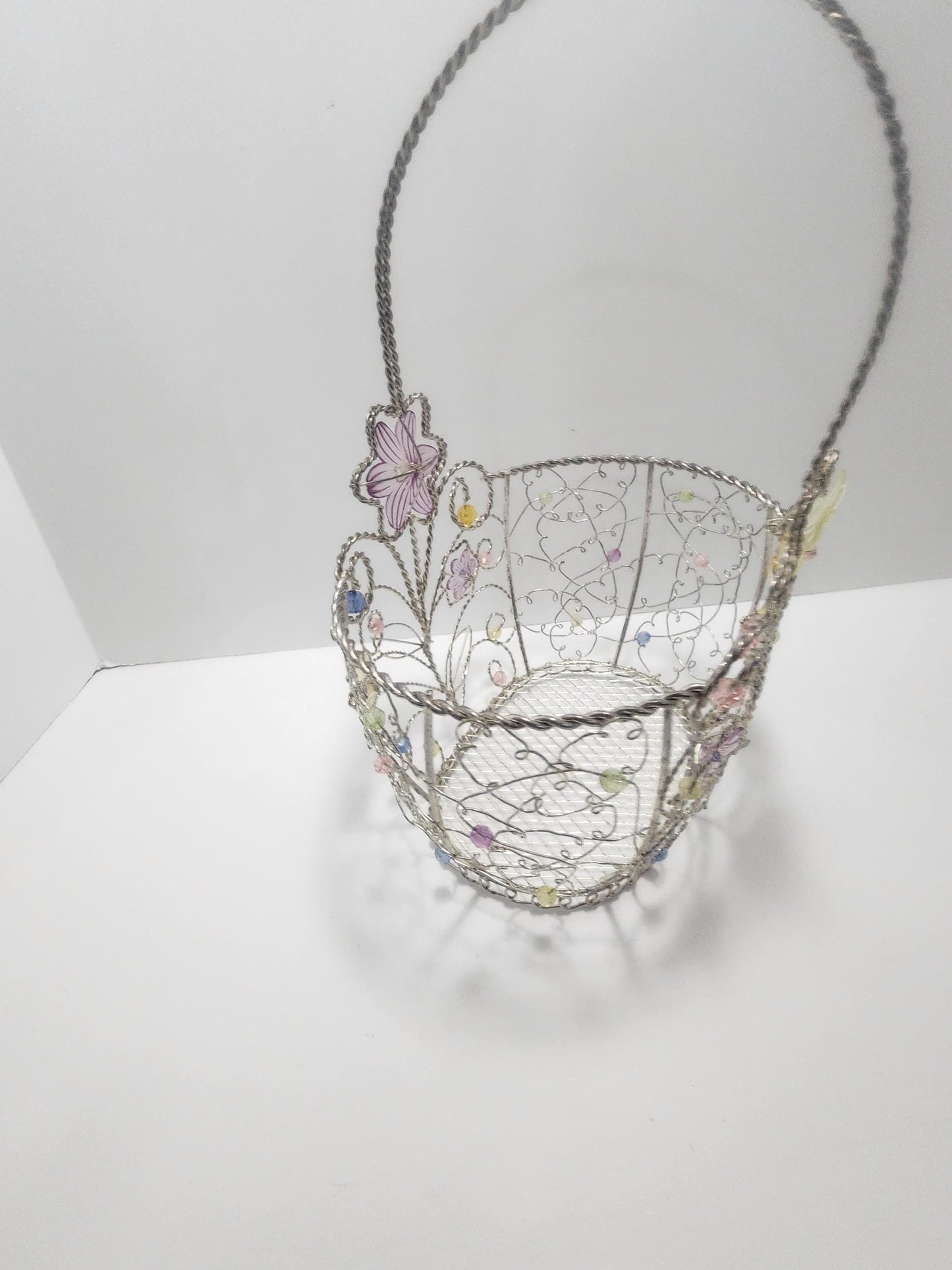 Vintage Beaded Silver Wire Easter Basket With Flowers And Butterflies - Baskets - Wire Basket - Easter - Silver Basket - Butterflies