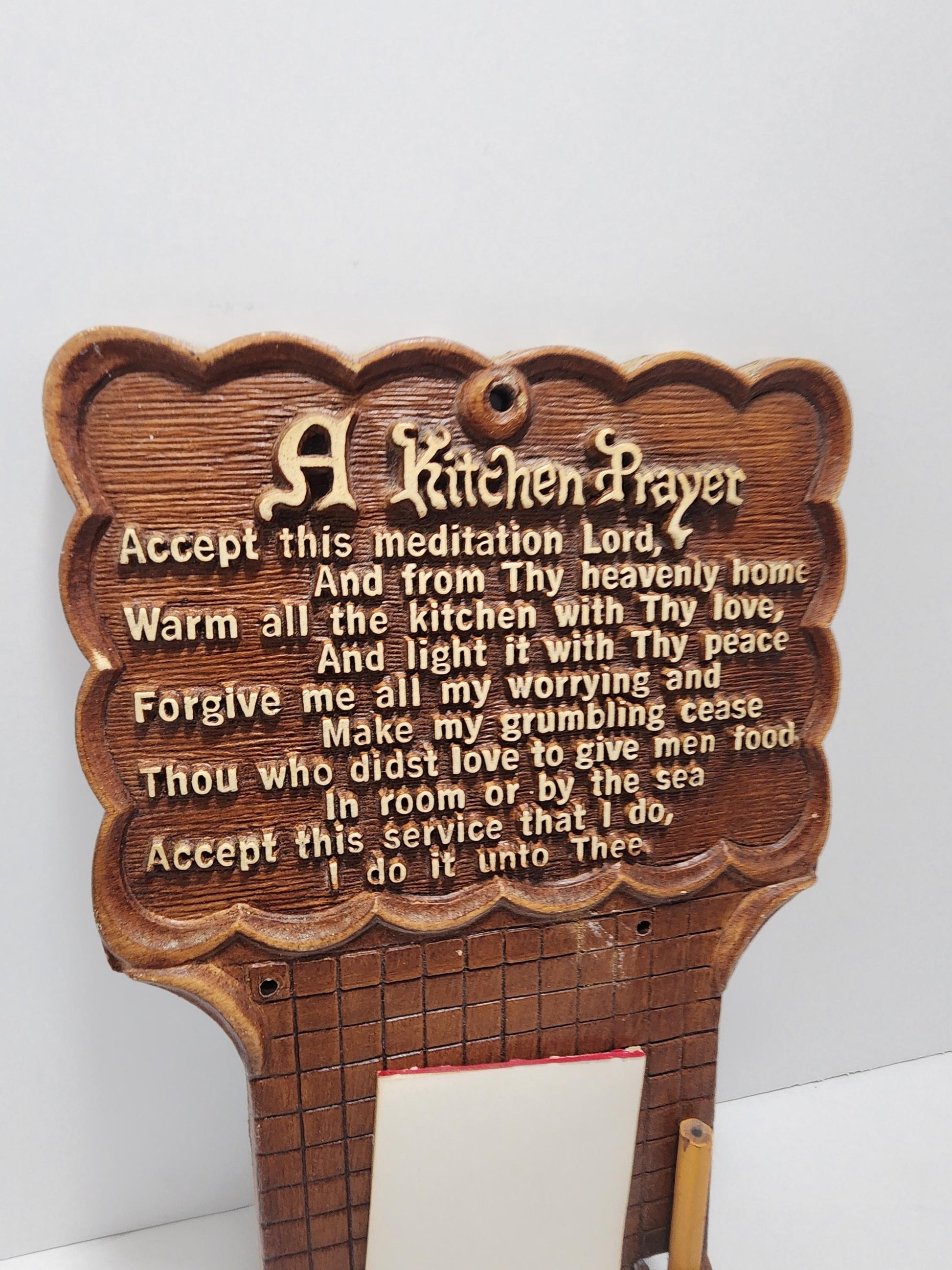 Vintage 1980's A Kitchen Prayer Hangable Plaque With Paper & Pencil - Prayer - Kitchen - Kitchen Decor - Religion - Religious Gifts