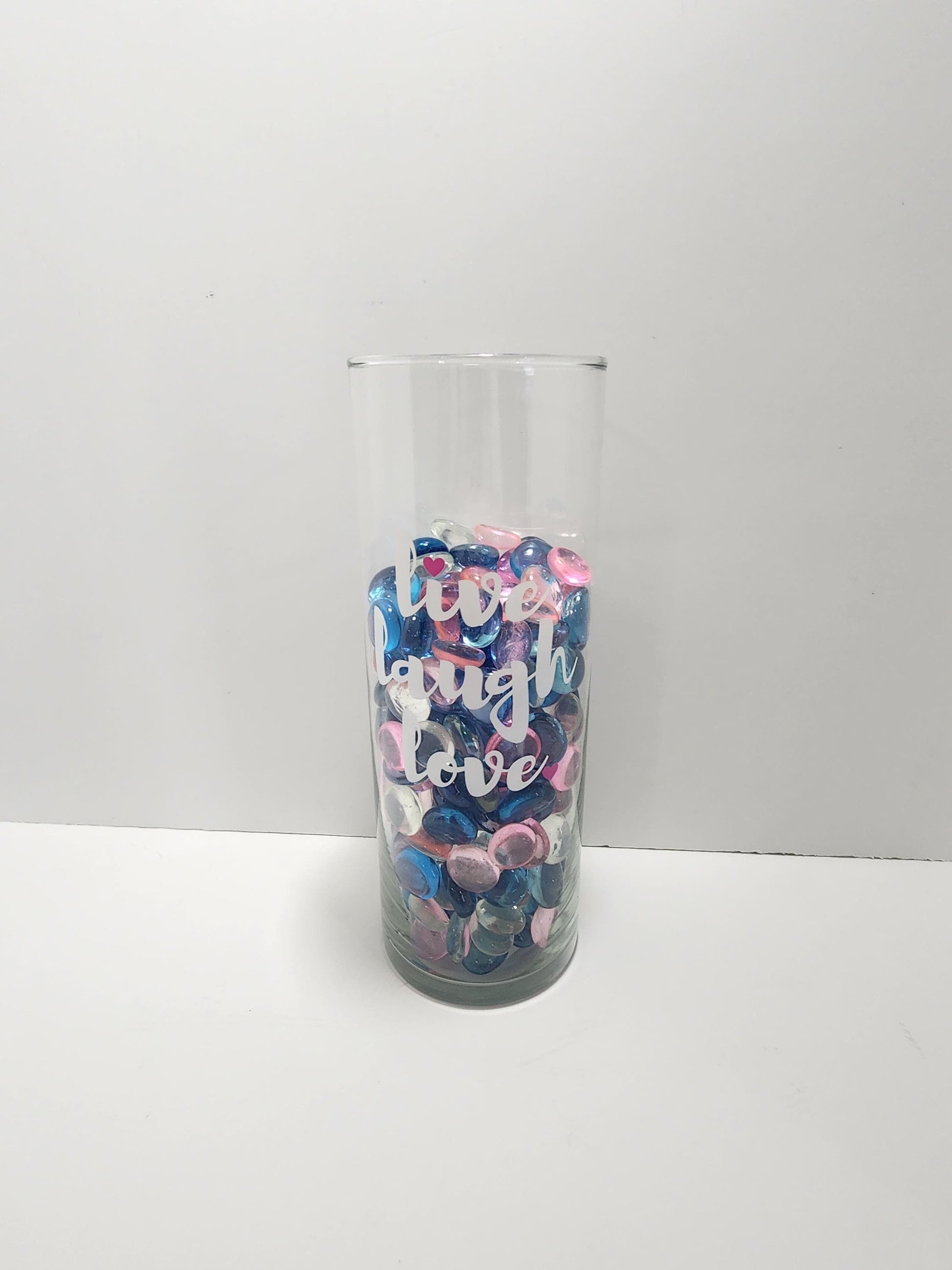Live Laugh Love Tall Glass Vase With Colored Rocks - Colored Rocks - Aquarium Rocks - Rocks - Live Laugh Love - Vase - Glass - Decor