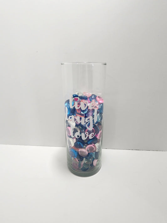 Live Laugh Love Tall Glass Vase With Colored Rocks - Colored Rocks - Aquarium Rocks - Rocks - Live Laugh Love - Vase - Glass - Decor