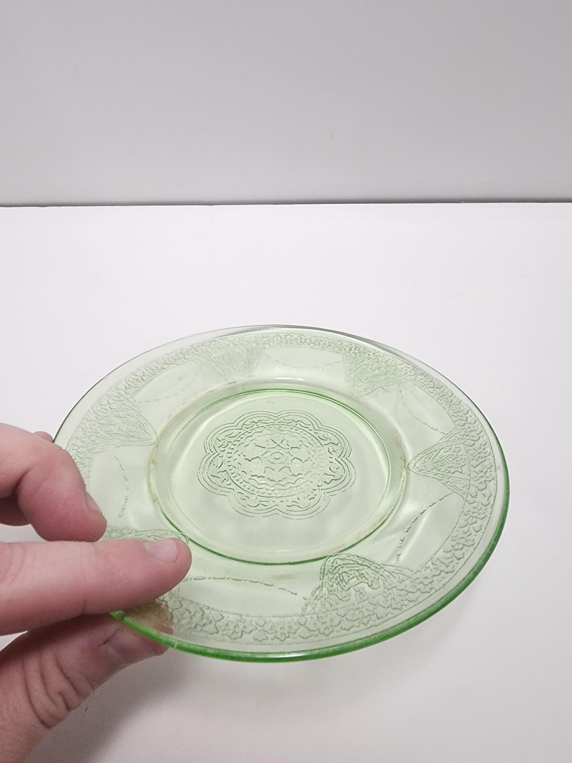 1930's Uranium Glass Green Depression Glass Plate - Plates - Glow In Dark - UV - 1930's - Antiques - Uranium - Uranium Glass - Depression