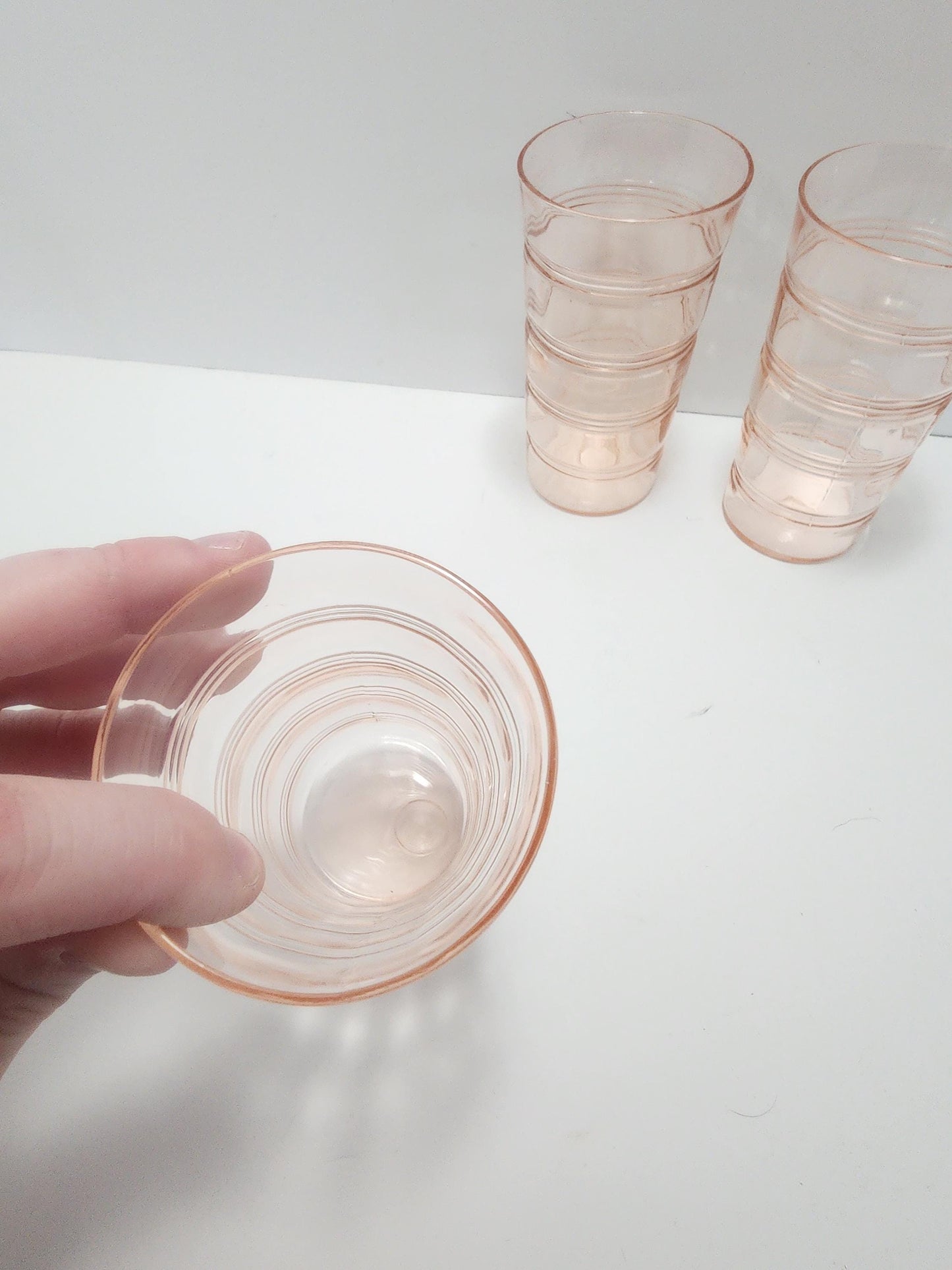 1980's Anchor Hocking Banded Rings Pink Depression Glass Cups LOT - Anchor Hocking - Pink Glass - Depression Glass - Banded Rings - Tumblers