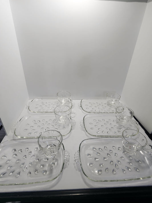 1940's Antique Set Of Vintage Clear Glass Hazel Atlas Informal Teardrop Snack Trays & Cups - Atlas - Hazel Atlas - Antiques - Teardrop - Gla