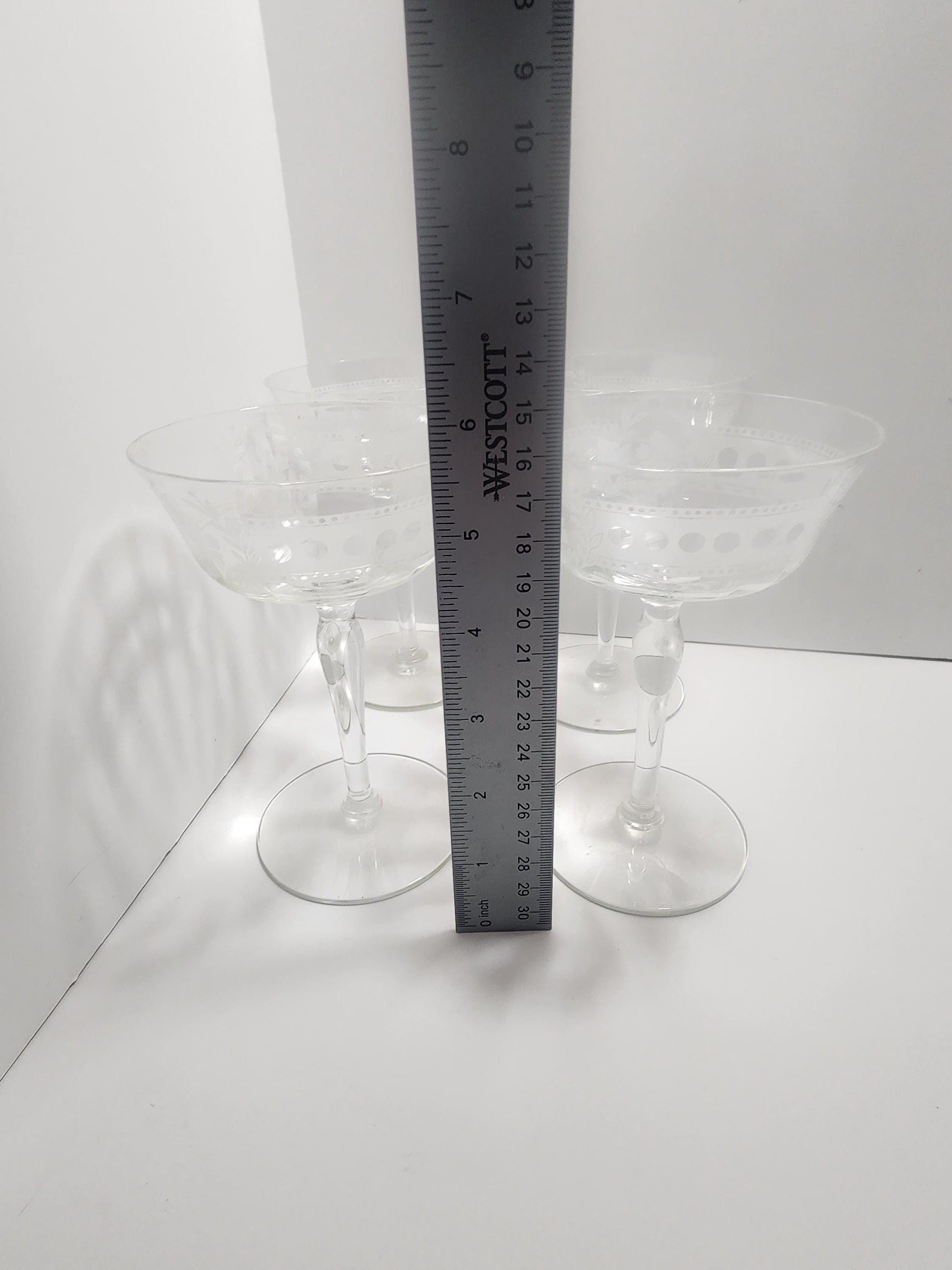 Vintage 1980's Etched Martini Cocktail Glasses SET Of 4 - 1980's - Cocktail Glasses - Barware - Etched Glass - Martini - Martini Glasses