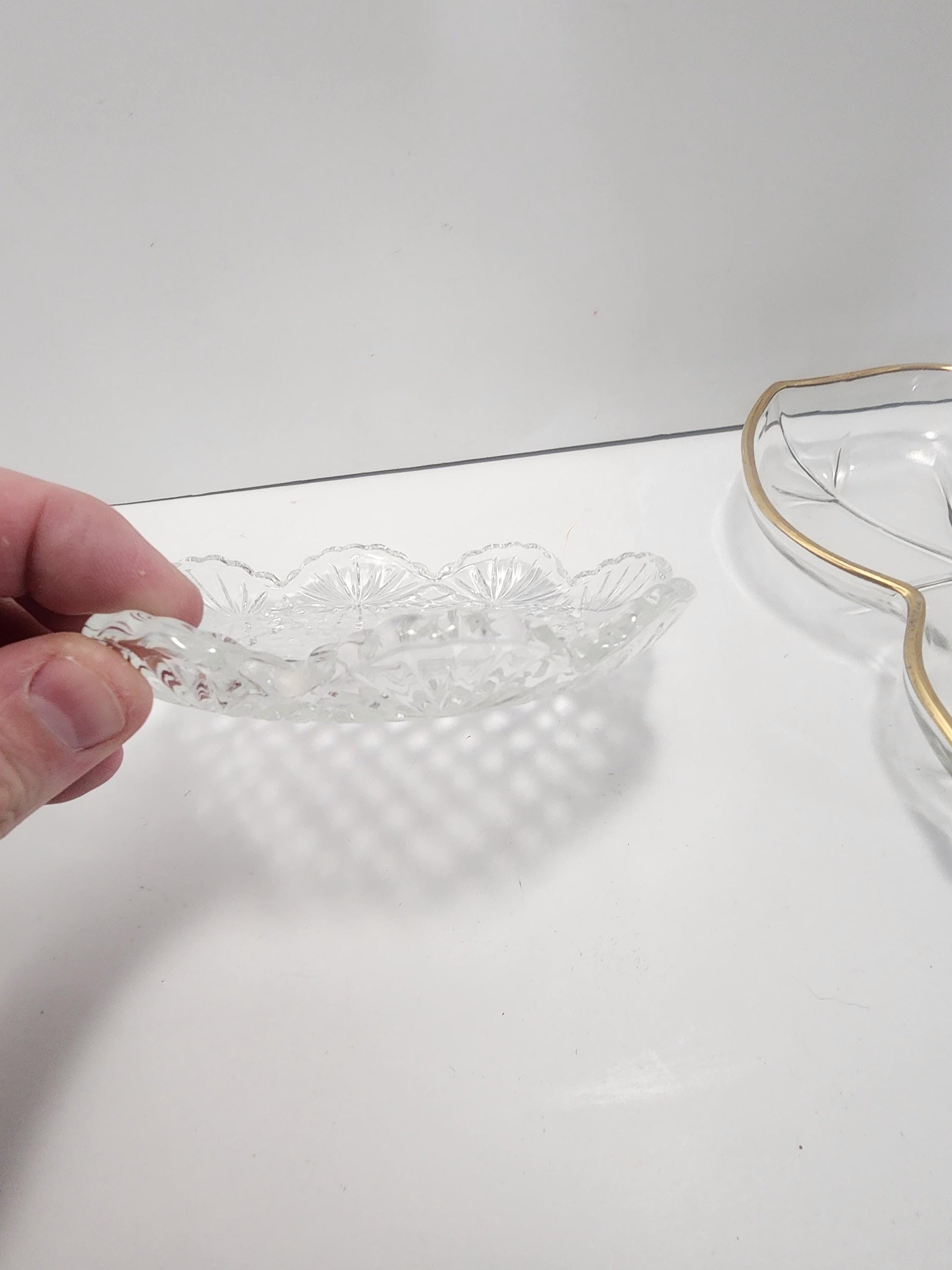 Early American Pattern Glass Dish OR Golden Lined Leaf Shaped Dish - Candy Dish - Serving Dish - Mid Century Glass - EQPG - Glass - Serving