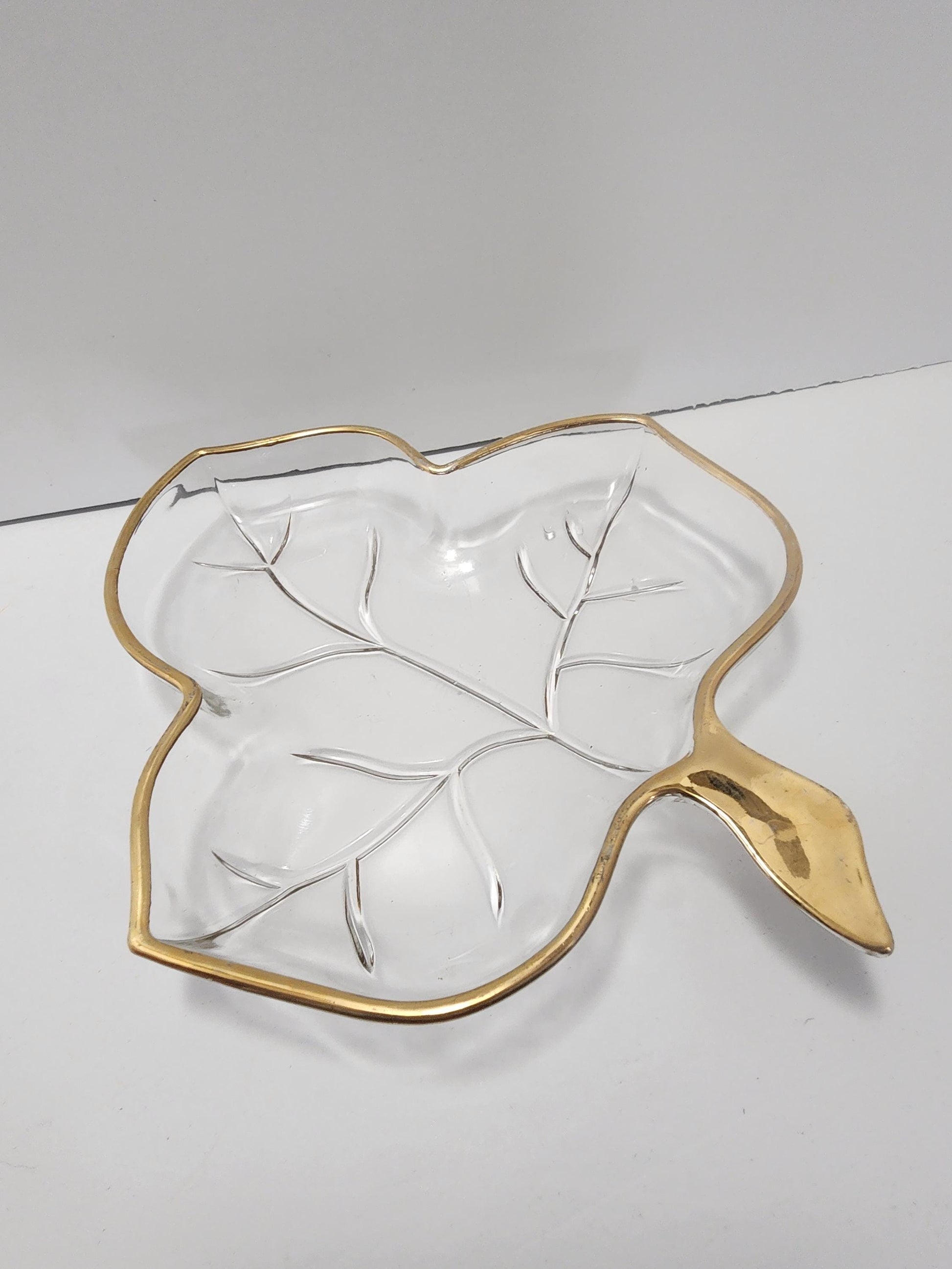 Early American Pattern Glass Dish OR Golden Lined Leaf Shaped Dish - Candy Dish - Serving Dish - Mid Century Glass - EQPG - Glass - Serving