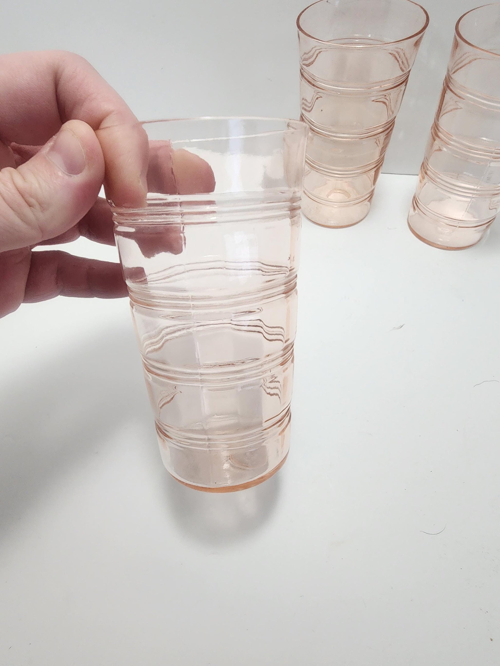 1980's Anchor Hocking Banded Rings Pink Depression Glass Cups LOT - Anchor Hocking - Pink Glass - Depression Glass - Banded Rings - Tumblers