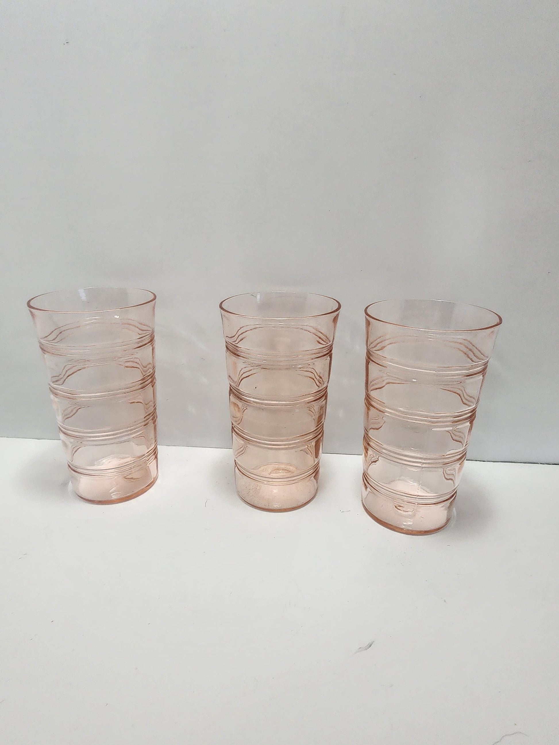 1980's Anchor Hocking Banded Rings Pink Depression Glass Cups LOT - Anchor Hocking - Pink Glass - Depression Glass - Banded Rings - Tumblers