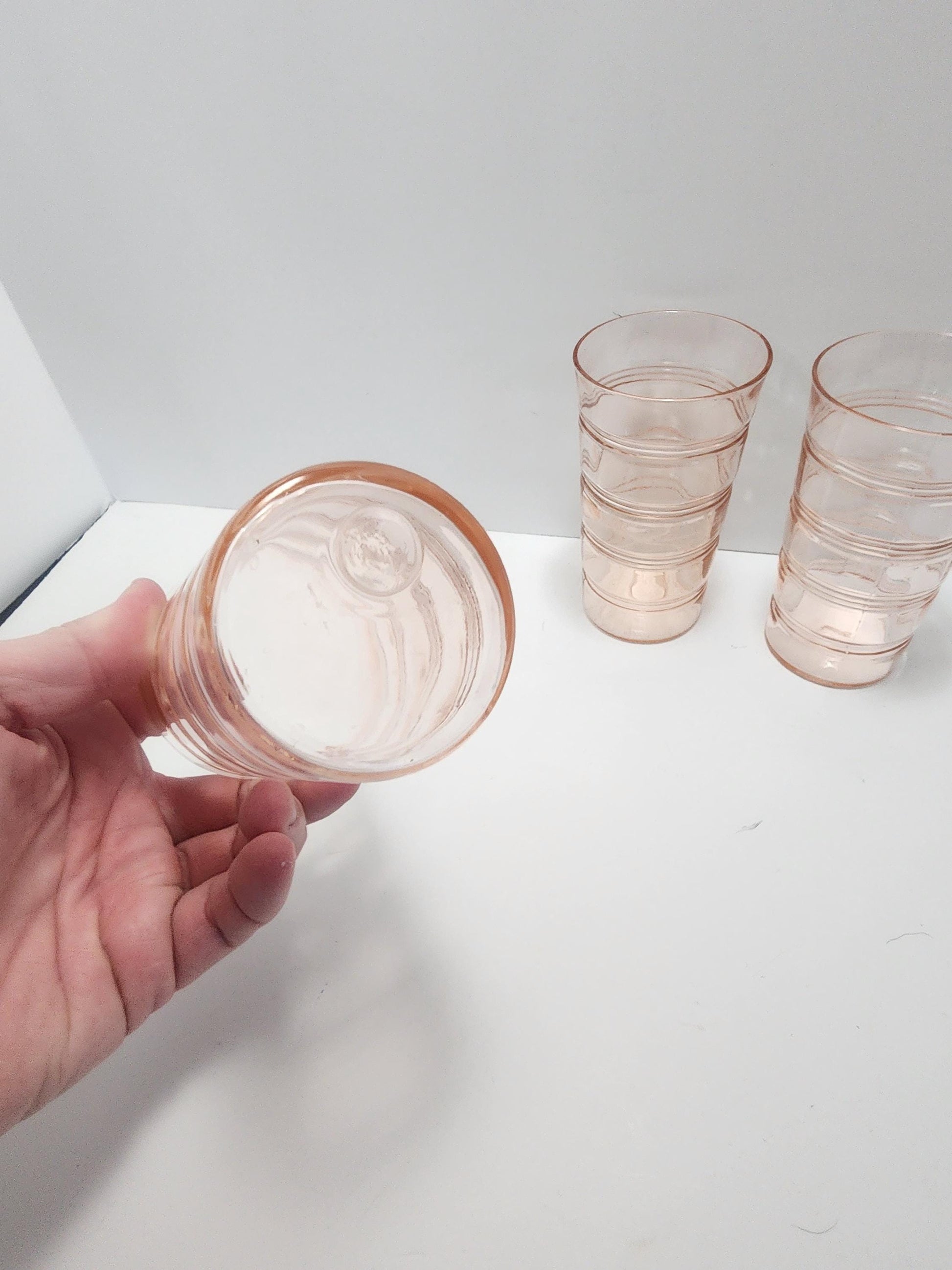 1980's Anchor Hocking Banded Rings Pink Depression Glass Cups LOT - Anchor Hocking - Pink Glass - Depression Glass - Banded Rings - Tumblers