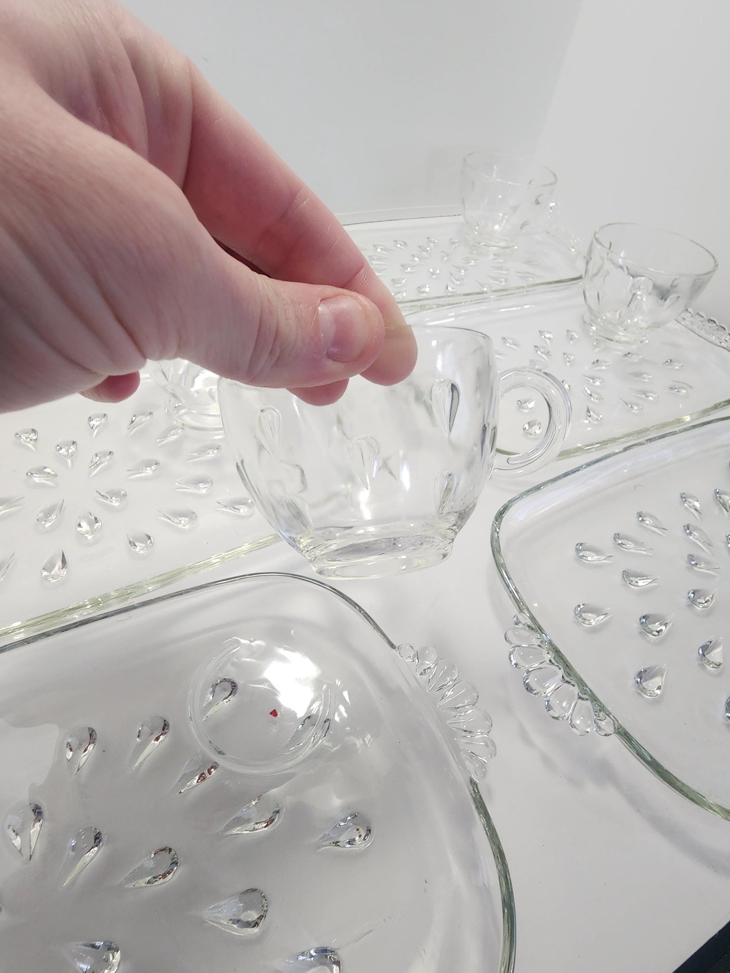1940's Antique Set Of Vintage Clear Glass Hazel Atlas Informal Teardrop Snack Trays & Cups - Atlas - Hazel Atlas - Antiques - Teardrop - Gla