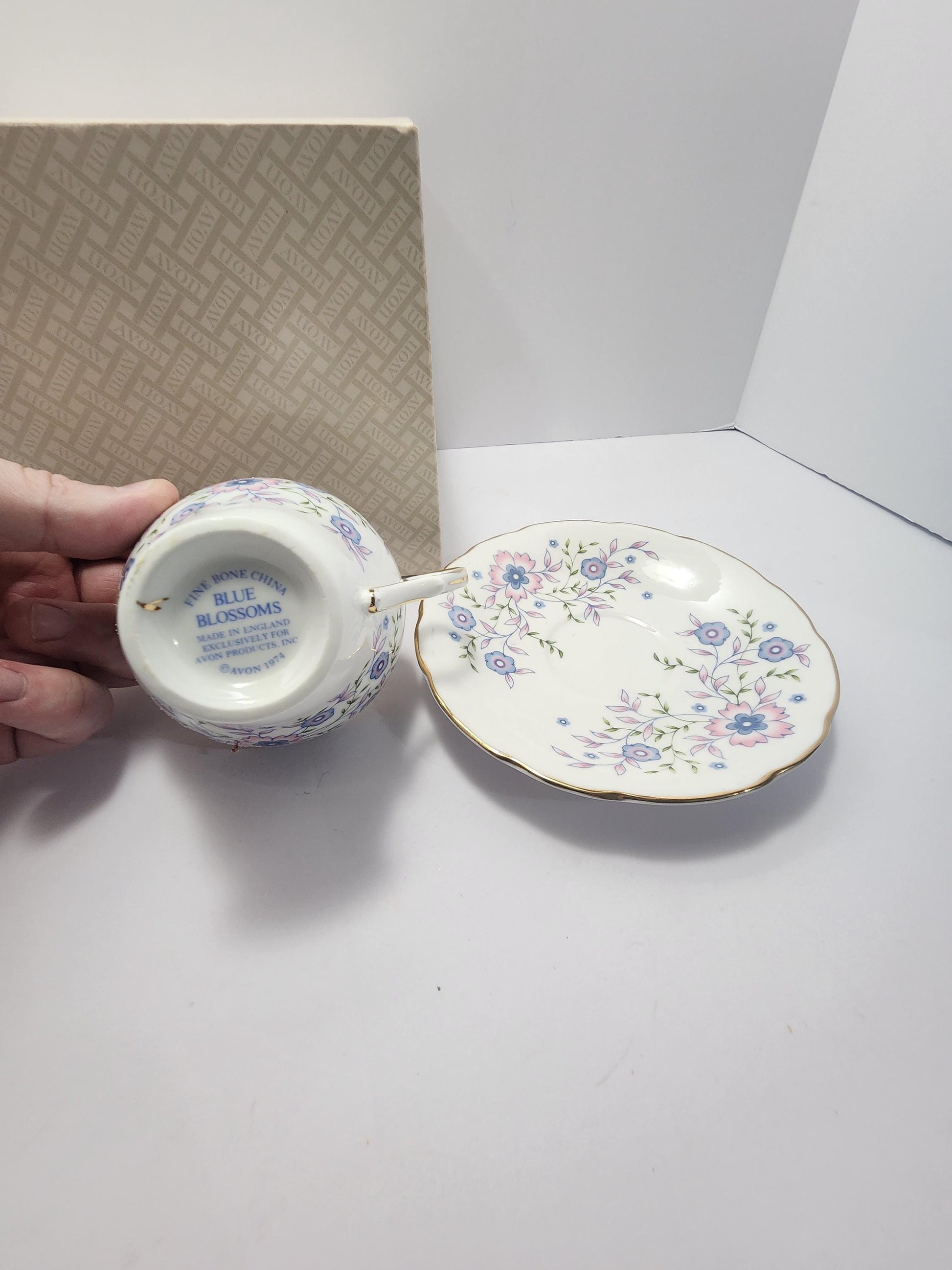 1974 Avon Fine Bone China Blue Blossom Cup & Saucer With Orginal Box - 1970's - Avon - Fine Bone China - Fine China - Saucer - Avon