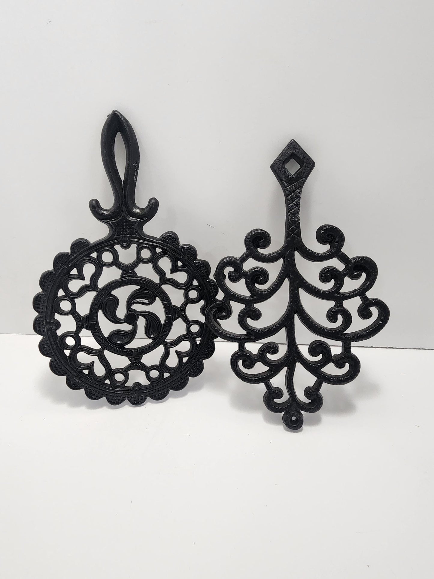 JZH Black Wrought Footed Trivets LOT Of 2 - Peacock - Tree Of Life - Trivets - JZH - Wrought - Kitchen - Cooking - Pots - Pans