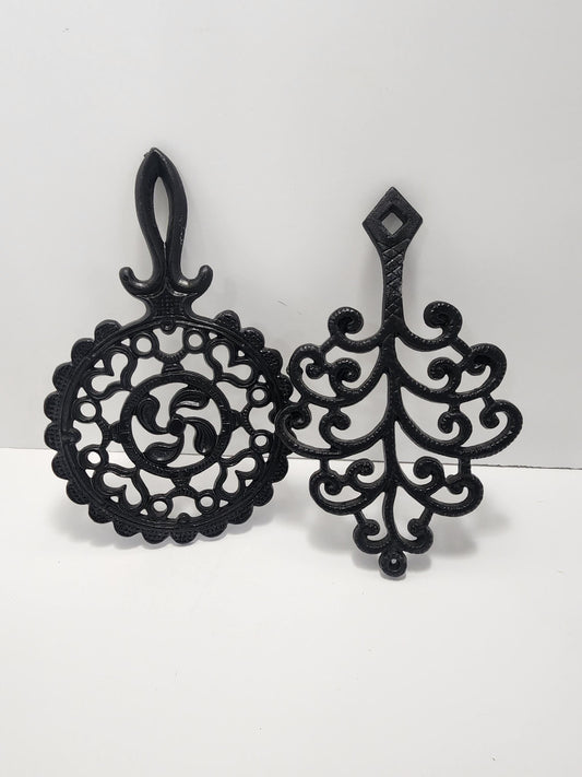JZH Black Wrought Footed Trivets LOT Of 2 - Peacock - Tree Of Life - Trivets - JZH - Wrought - Kitchen - Cooking - Pots - Pans
