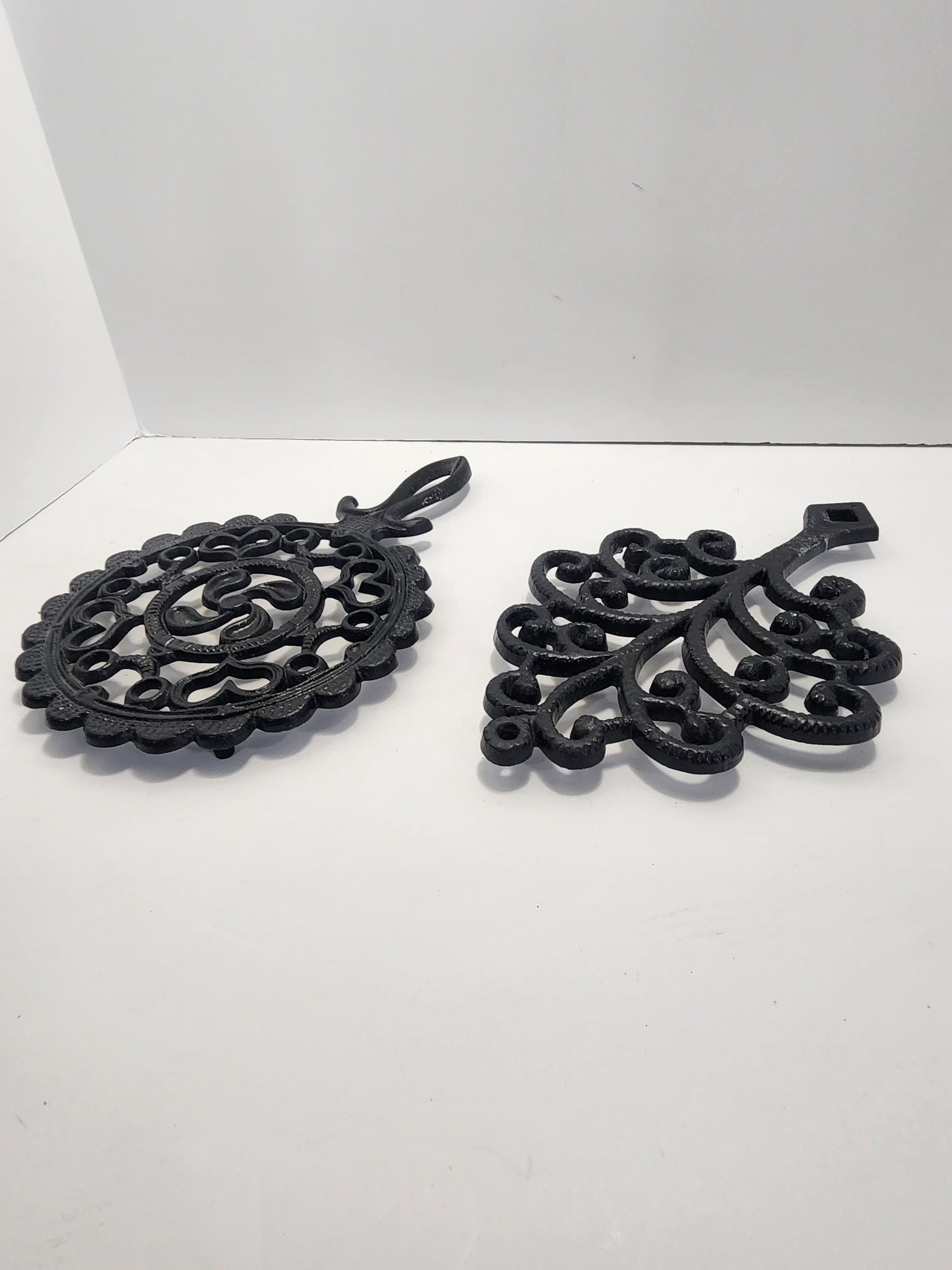 JZH Black Wrought Footed Trivets LOT Of 2 - Peacock - Tree Of Life - Trivets - JZH - Wrought - Kitchen - Cooking - Pots - Pans