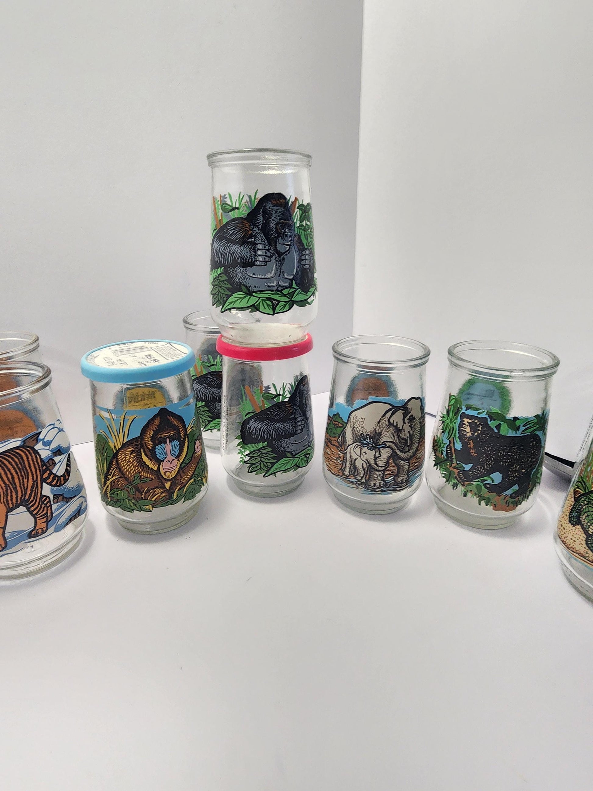 Welchs Jelly Jars Endanger Species Collectable Glass Jars - Endangered Species - Wildlife - Siberian Tiger - Elephant - Jelly Jars
