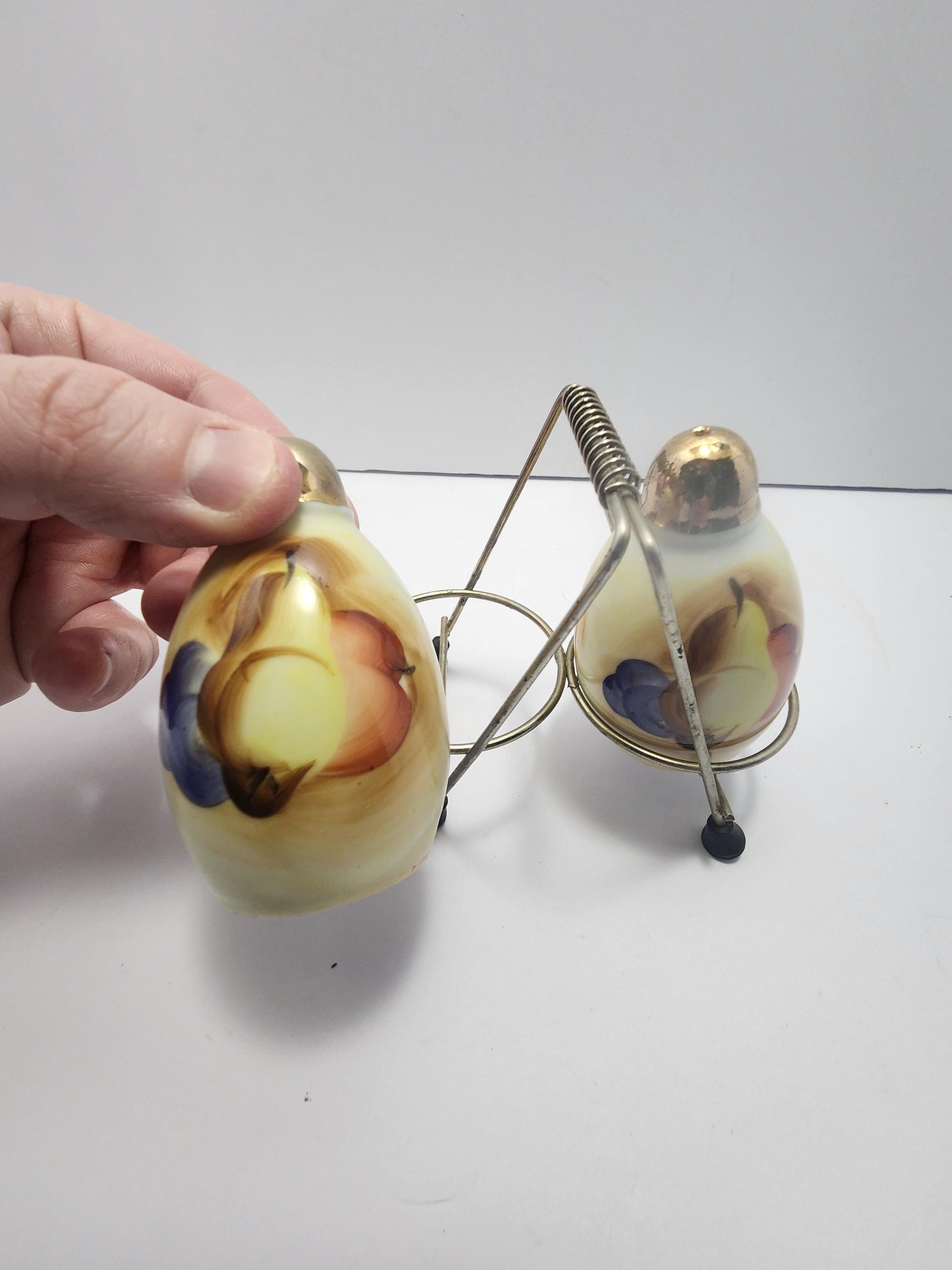 Lusterware Vintage Set Of Fruit Themed Salt & Pepper Shakers With Holding Rack - Salt and Pepper - Shakers - Lusterware - Fruit - Fruit Deco