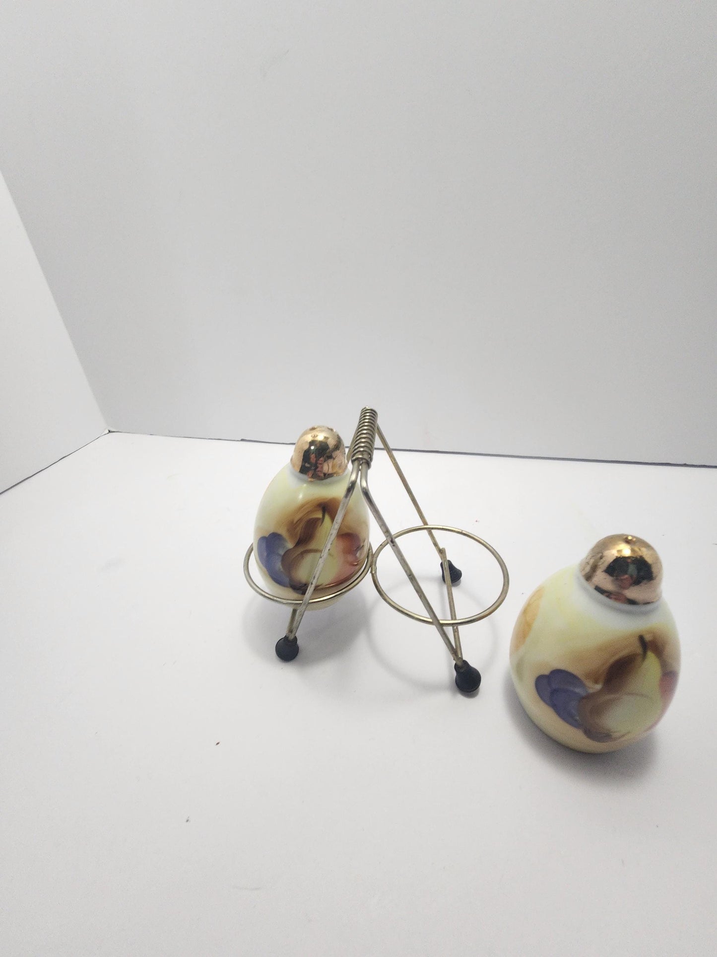 Lusterware Vintage Set Of Fruit Themed Salt & Pepper Shakers With Holding Rack - Salt and Pepper - Shakers - Lusterware - Fruit - Fruit Deco