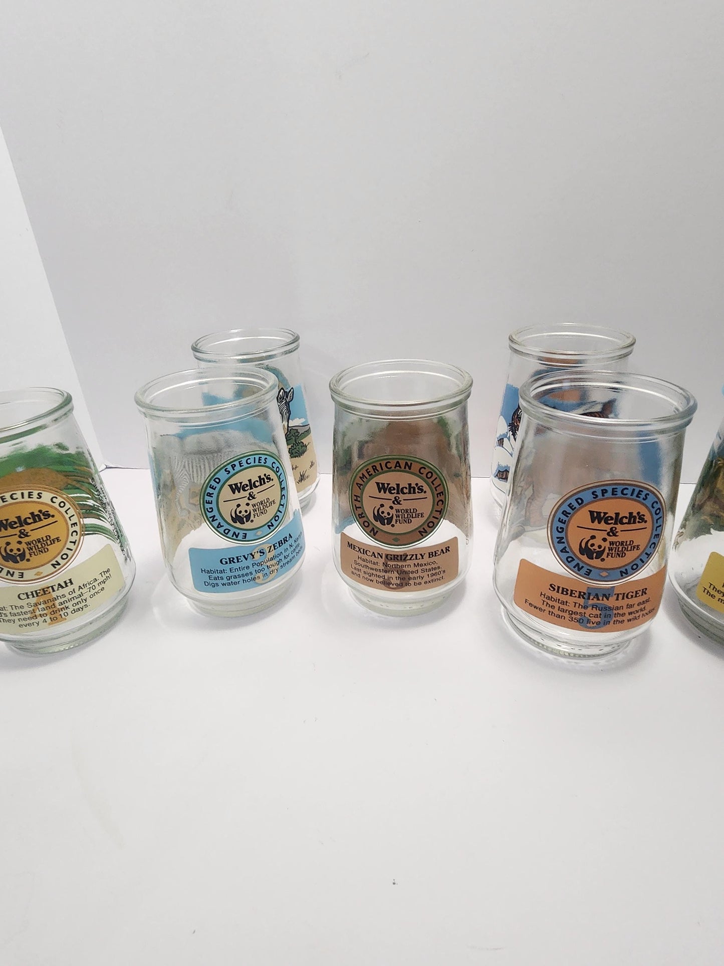Welchs Jelly Jars Endanger Species Collectable Glass Jars - Endangered Species - Wildlife - Siberian Tiger - Elephant - Jelly Jars