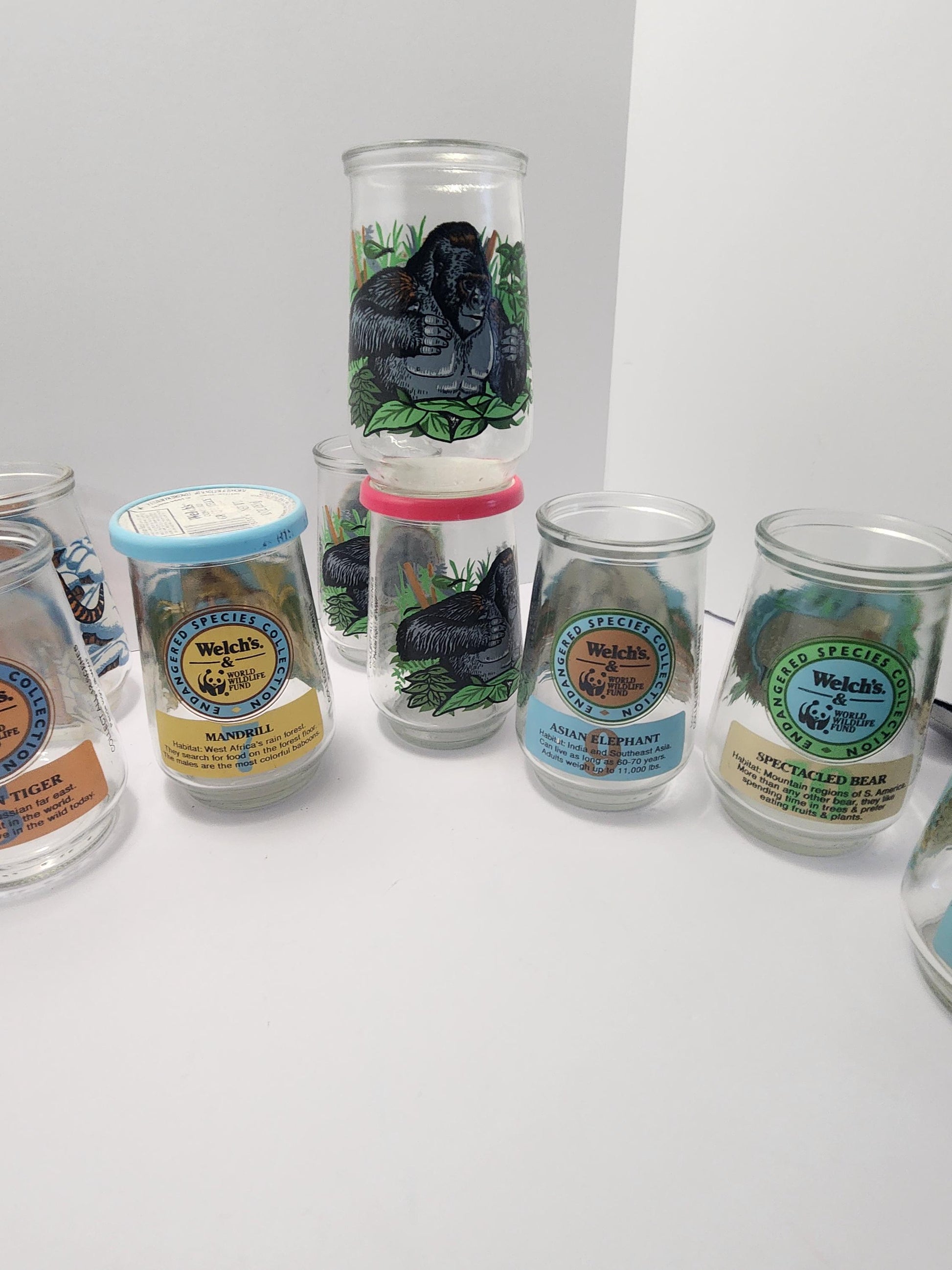 Welchs Jelly Jars Endanger Species Collectable Glass Jars - Endangered Species - Wildlife - Siberian Tiger - Elephant - Jelly Jars