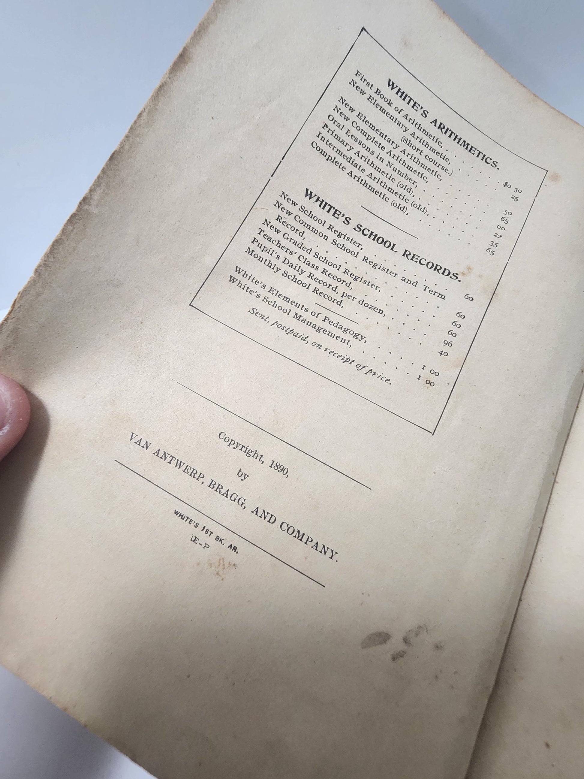 Antique 1890 White's First Book Of Arithmetic - Math - Math Books - Antiques - Antique School Books - 1800's - Mathematics - Arithmetic