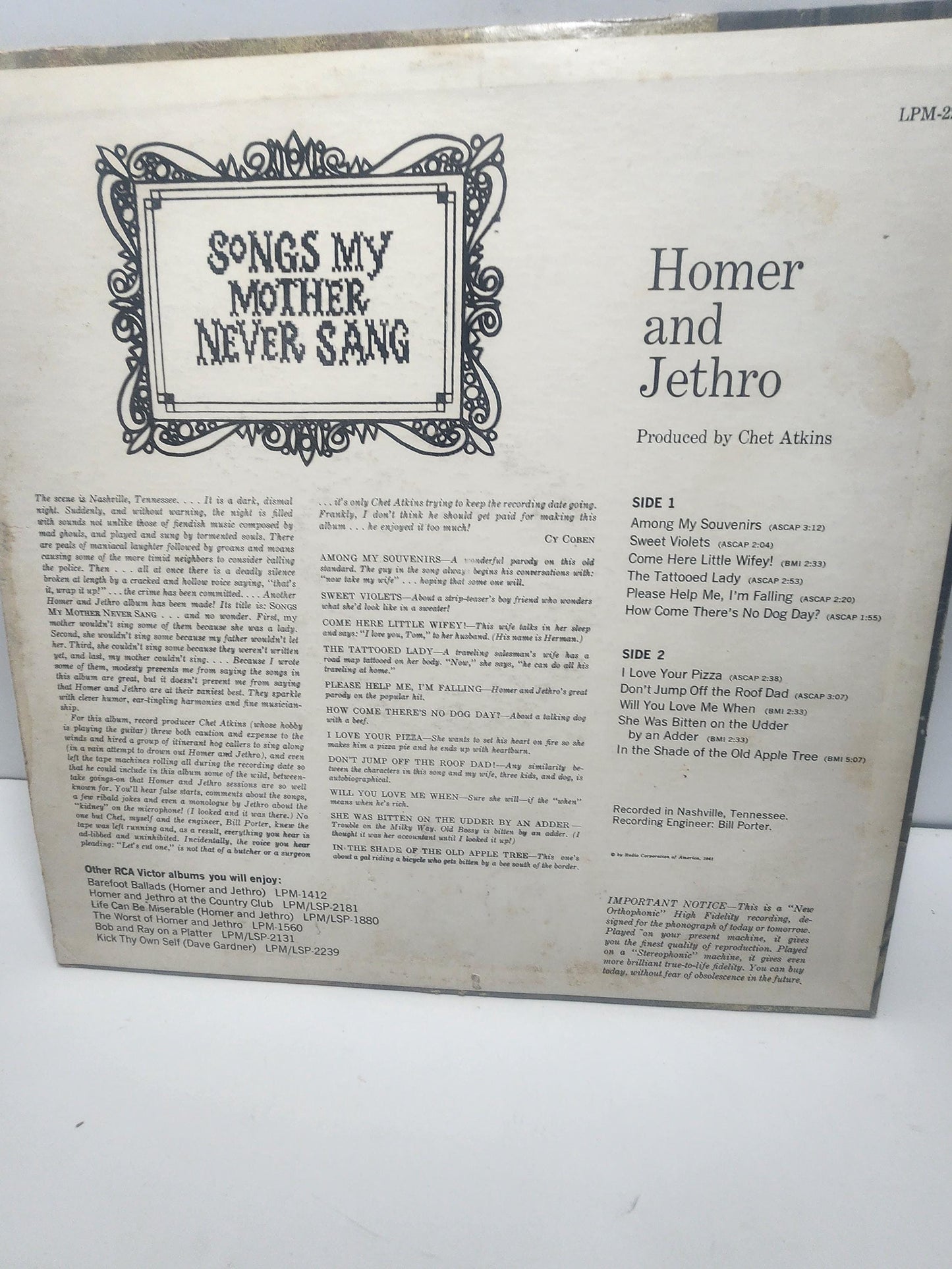 1961 Homer & Jethro "Songs My Mother Never Sang" Vintage Vinyl LP Record - 1960's - Homer and Jethro - Songs Mother Never Sang - Vinyl