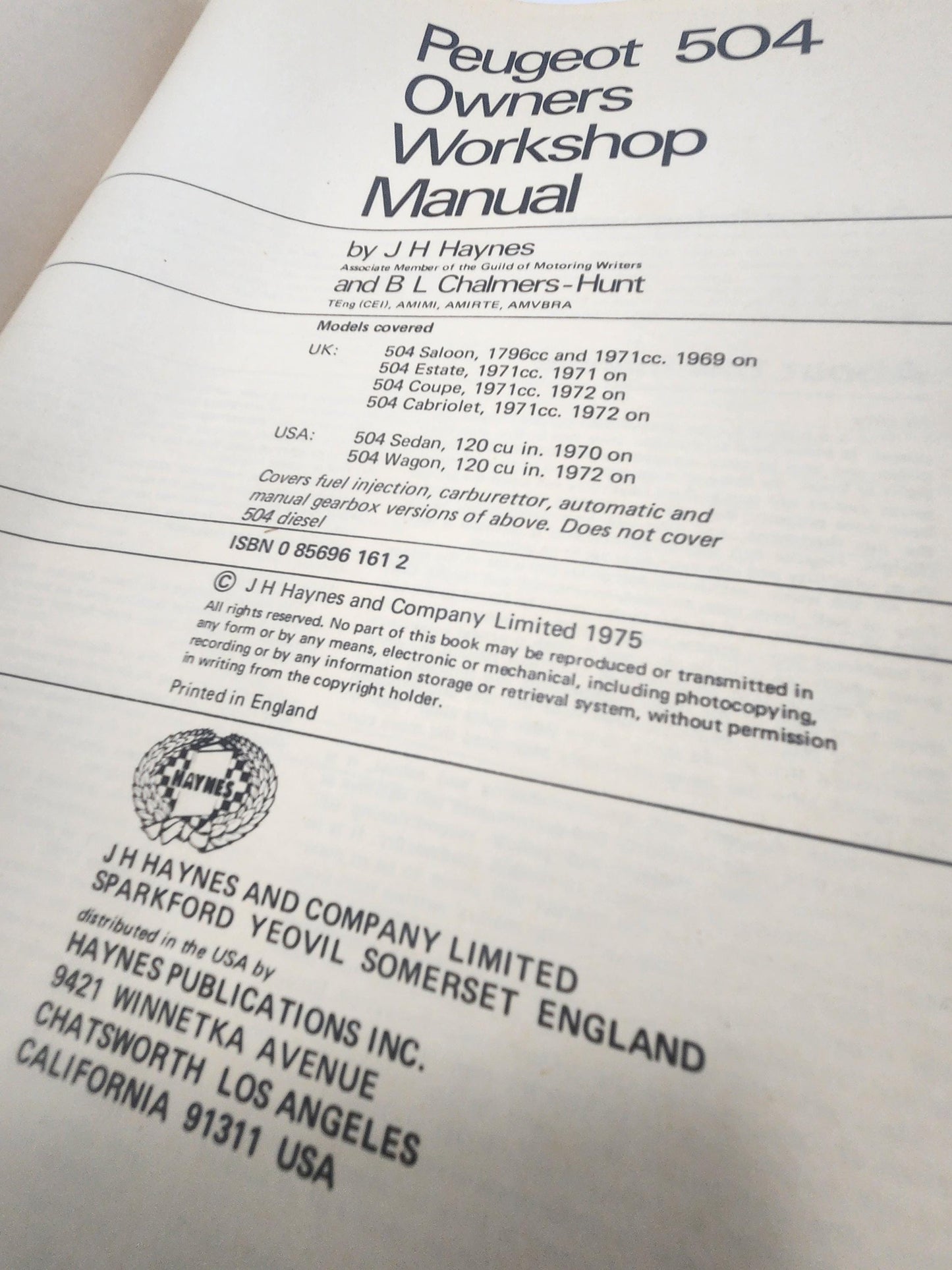 Haynes Owners Workshop Manual for the Peugeot 504 - Haynes - Peugeot 504 - Peugeot - Cars - Classif Cars - Manuals - Car Manual - Car Books